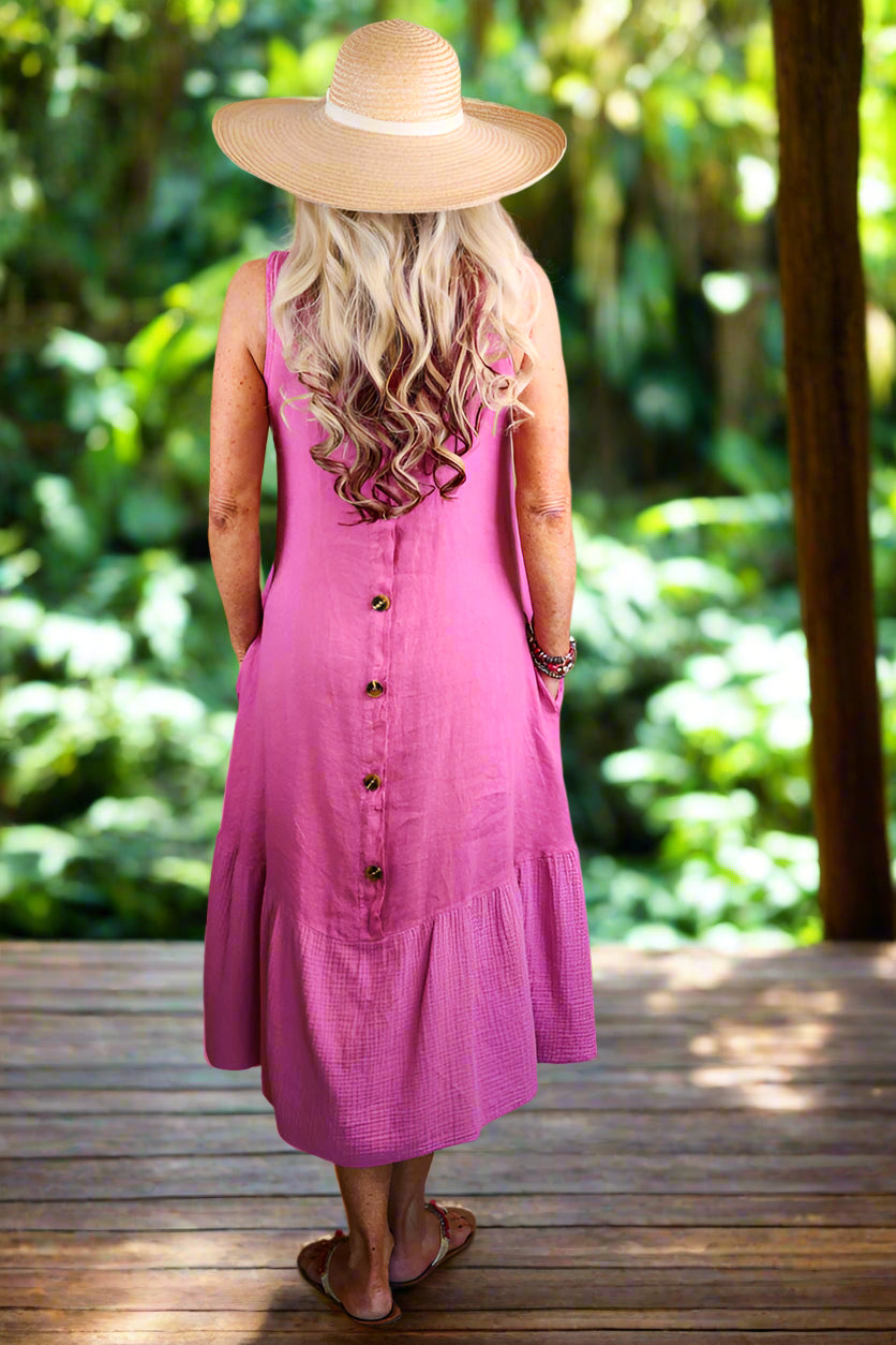 Tempo Paris Linen Button Back Midi Dress in Fuchsia-Midi Dresses-Tempo Paris-Deja Nu Boutique, Women's Fashion Boutique in Lampasas, Texas