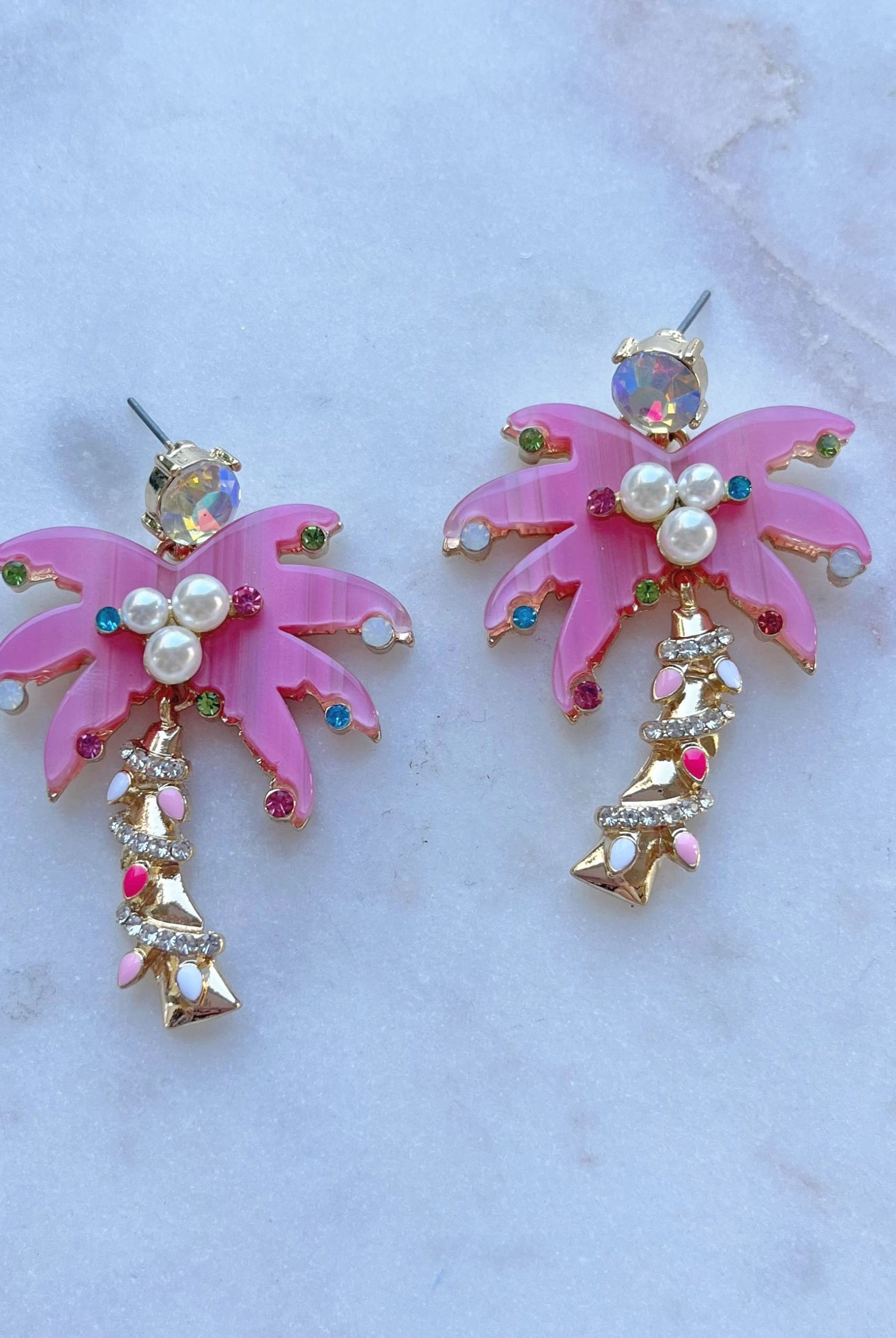 Tropical Pink Palm Tree Earrings with Pearls & Rhinestones-Earrings-Deja Nu Tx-Deja Nu Boutique, Women's Fashion Boutique in Lampasas, Texas