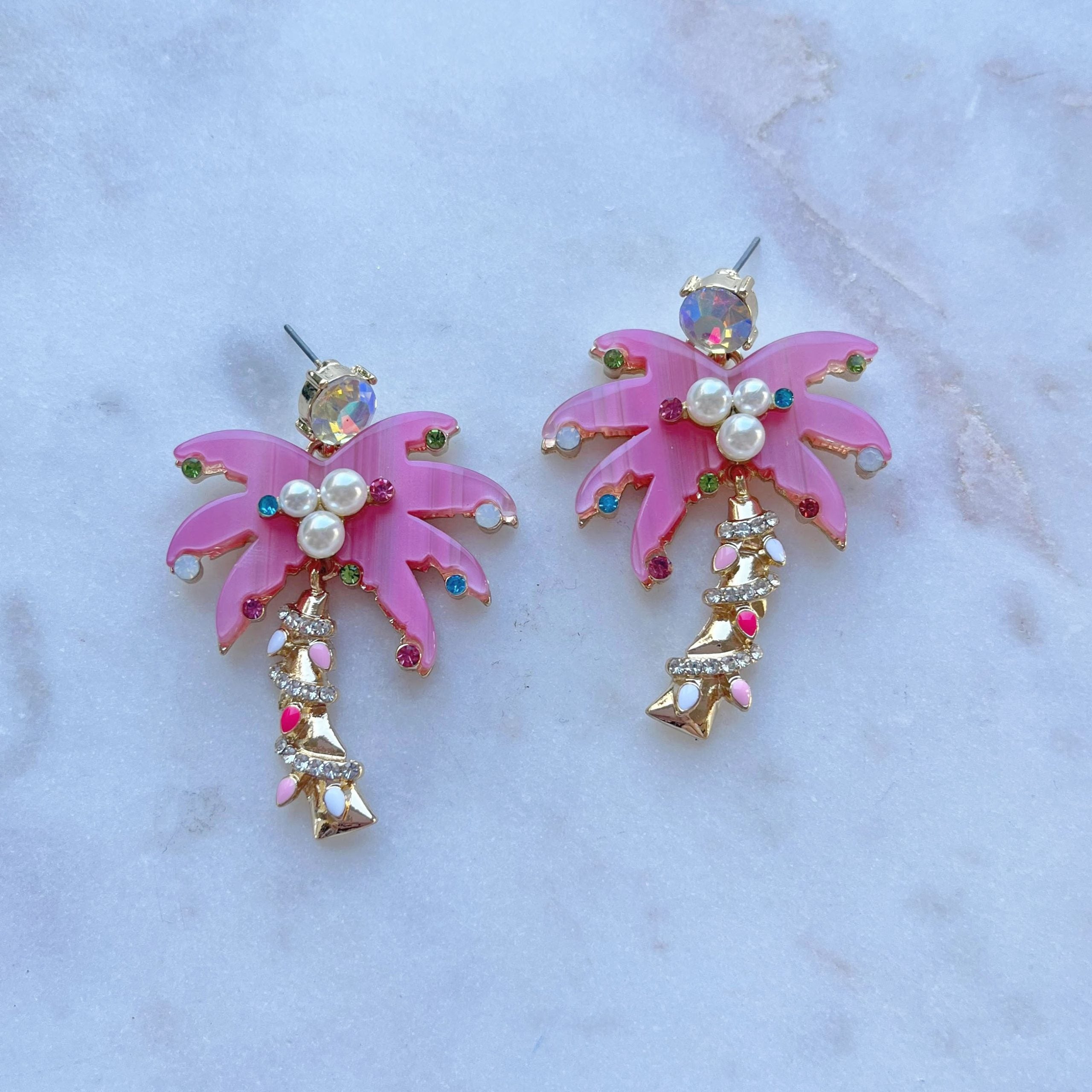 Tropical Pink Palm Tree Earrings with Pearls & Rhinestones-Earrings-Deja Nu Tx-Deja Nu Boutique, Women's Fashion Boutique in Lampasas, Texas