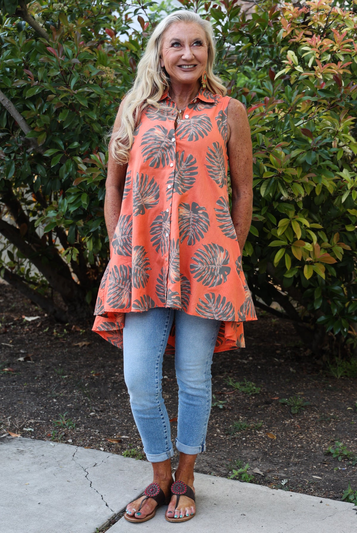 Tropical Sunset Orange Sleeveless Palm Leaf Button Front High Low Top-Tops-Nu-Look-Deja Nu Boutique, Women's Fashion Boutique in Lampasas, Texas