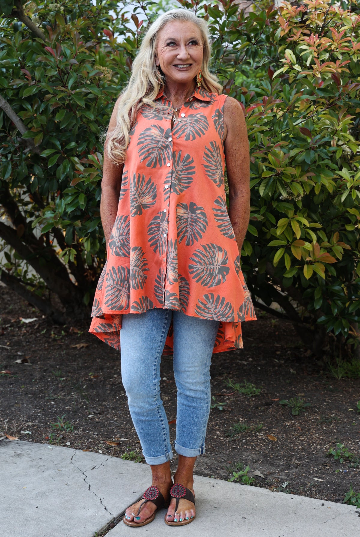 Tropical Sunset Orange Sleeveless Palm Leaf Button Front High Low Top-Tops-Nu-Look-Deja Nu Boutique, Women's Fashion Boutique in Lampasas, Texas