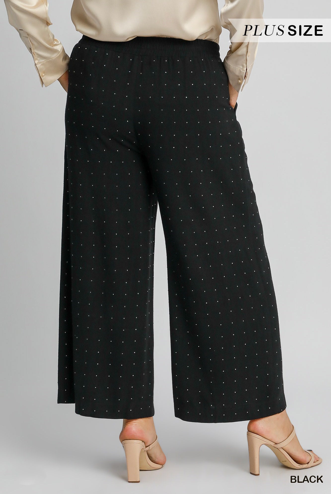 Umgee Black High Waist Pull On Wide Leg Rhinestone Embellished Pant In Plus-Curvy/Plus Bottoms-Umgee-Deja Nu Boutique, Women's Fashion Boutique in Lampasas, Texas