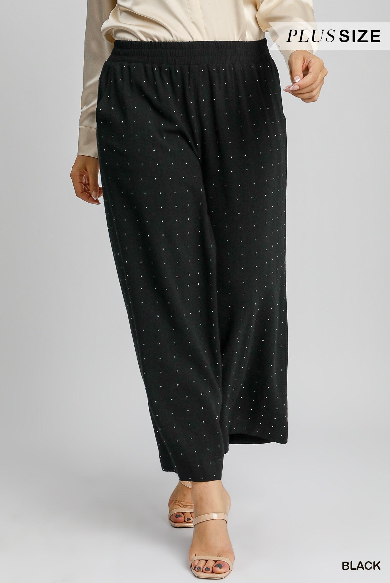 Umgee Black High Waist Pull On Wide Leg Rhinestone Embellished Pant In Plus-Curvy/Plus Bottoms-Umgee-Deja Nu Boutique, Women's Fashion Boutique in Lampasas, Texas