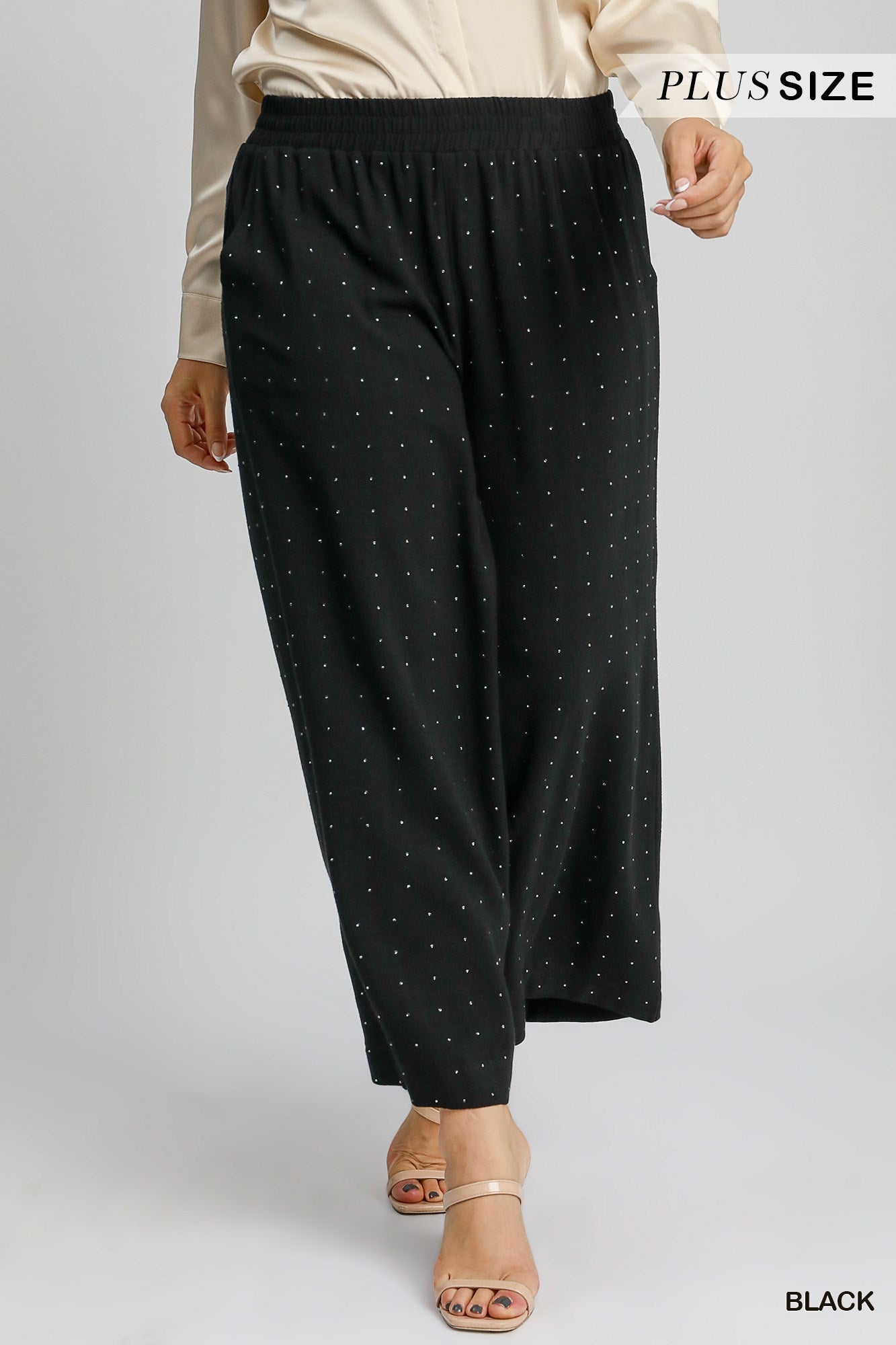 Umgee Black High Waist Pull On Wide Leg Rhinestone Embellished Pant In Plus-Curvy/Plus Bottoms-Umgee-Deja Nu Boutique, Women's Fashion Boutique in Lampasas, Texas