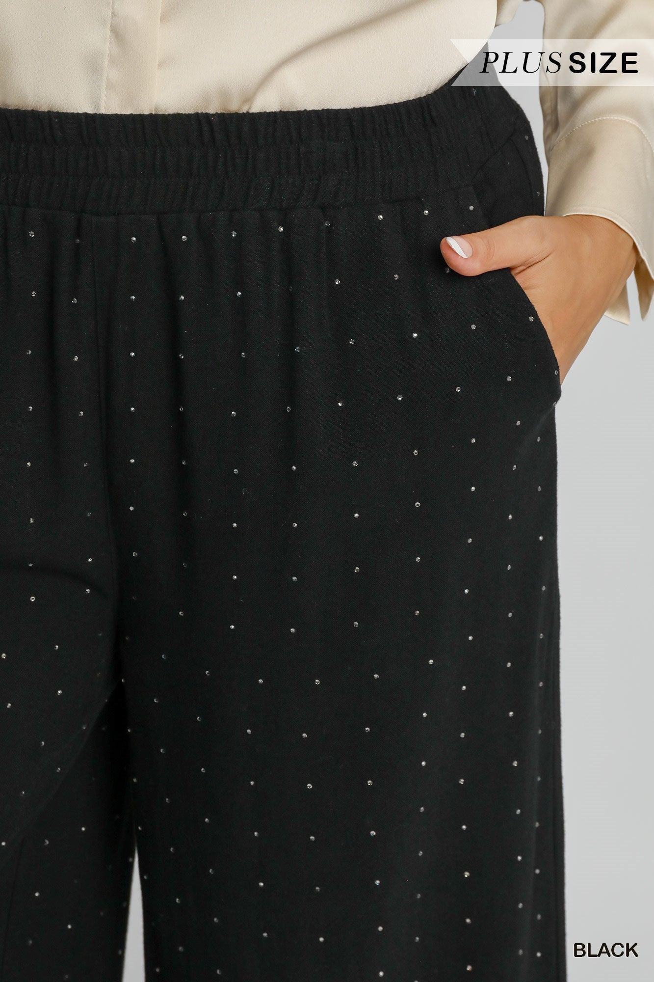 Umgee Black High Waist Pull On Wide Leg Rhinestone Embellished Pant In Plus-Curvy/Plus Bottoms-Umgee-Deja Nu Boutique, Women's Fashion Boutique in Lampasas, Texas