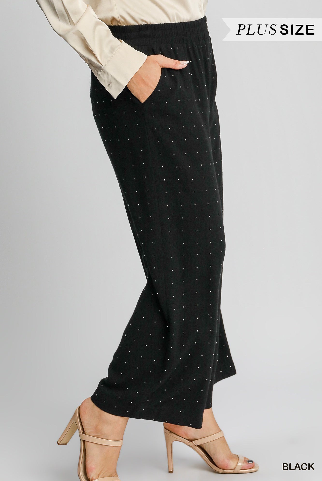 Umgee Black High Waist Pull On Wide Leg Rhinestone Embellished Pant In Plus-Curvy/Plus Bottoms-Umgee-Deja Nu Boutique, Women's Fashion Boutique in Lampasas, Texas