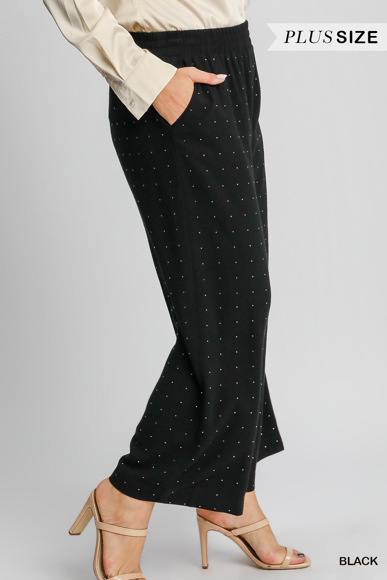 Umgee Black High Waist Pull On Wide Leg Rhinestone Embellished Pant In Plus-Curvy/Plus Bottoms-Umgee-Deja Nu Boutique, Women's Fashion Boutique in Lampasas, Texas