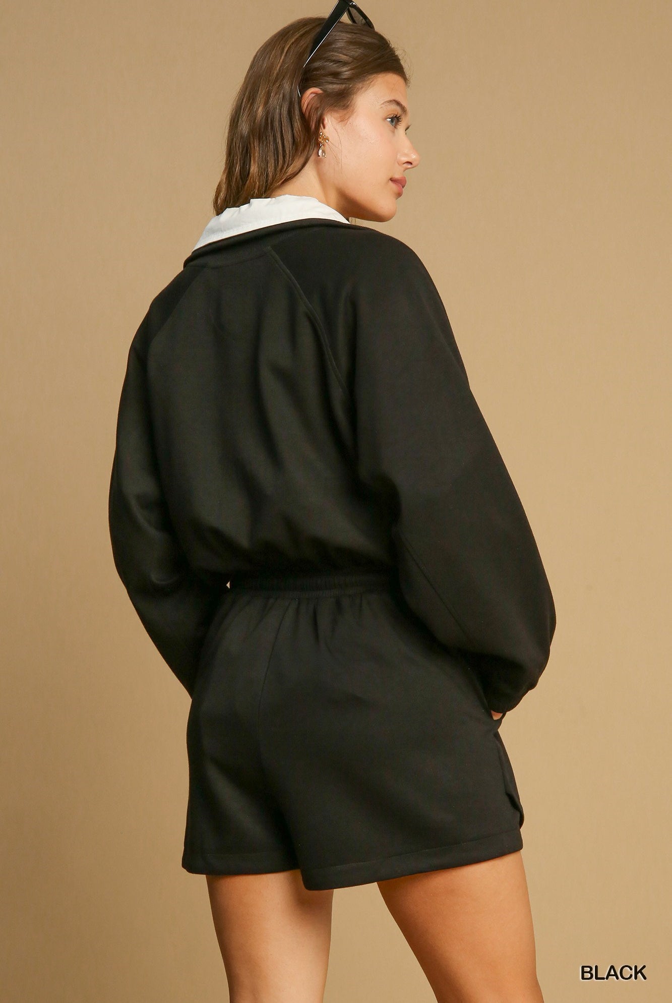 Umgee Black Neoknit Half Zip Long Sleeve Romper-Rompers & Jumpsuits-Umgee-Deja Nu Boutique, Women's Fashion Boutique in Lampasas, Texas