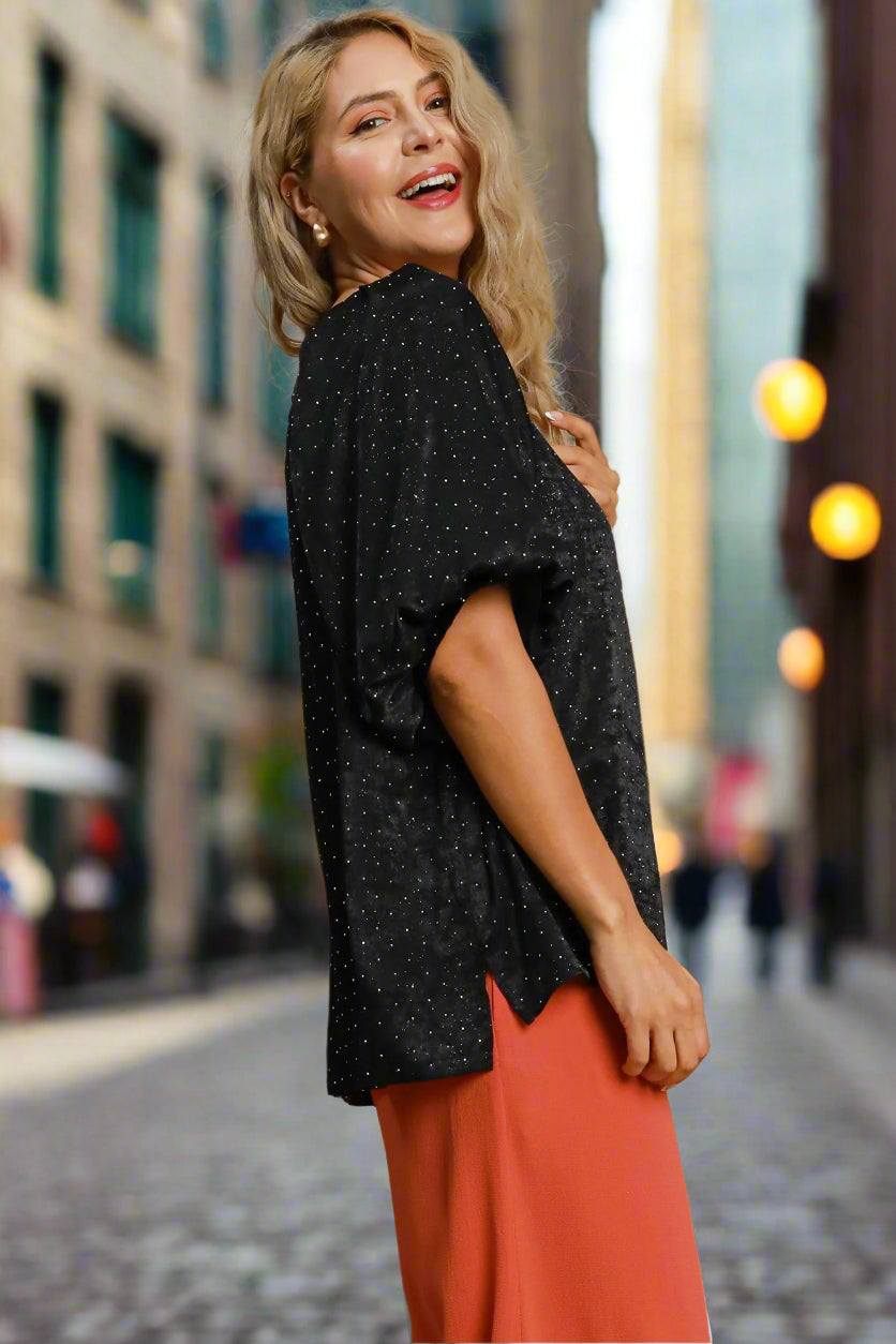 Umgee Black Satin Rhinestone Embellished Blouse With Puff Sleeves-Curvy/Plus Blouses-Umgee-Deja Nu Boutique, Women's Fashion Boutique in Lampasas, Texas