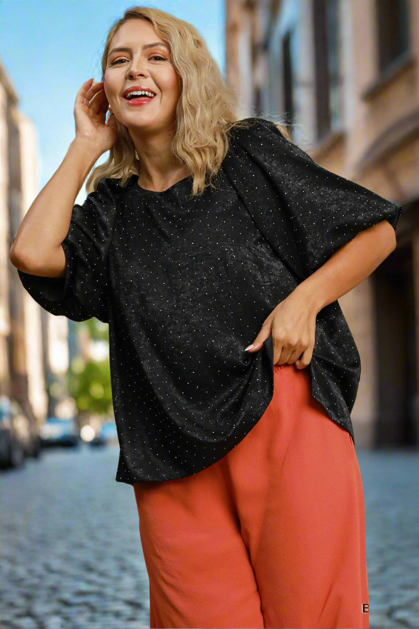 Umgee Black Satin Rhinestone Embellished Blouse With Puff Sleeves-Curvy/Plus Blouses-Umgee-Deja Nu Boutique, Women's Fashion Boutique in Lampasas, Texas