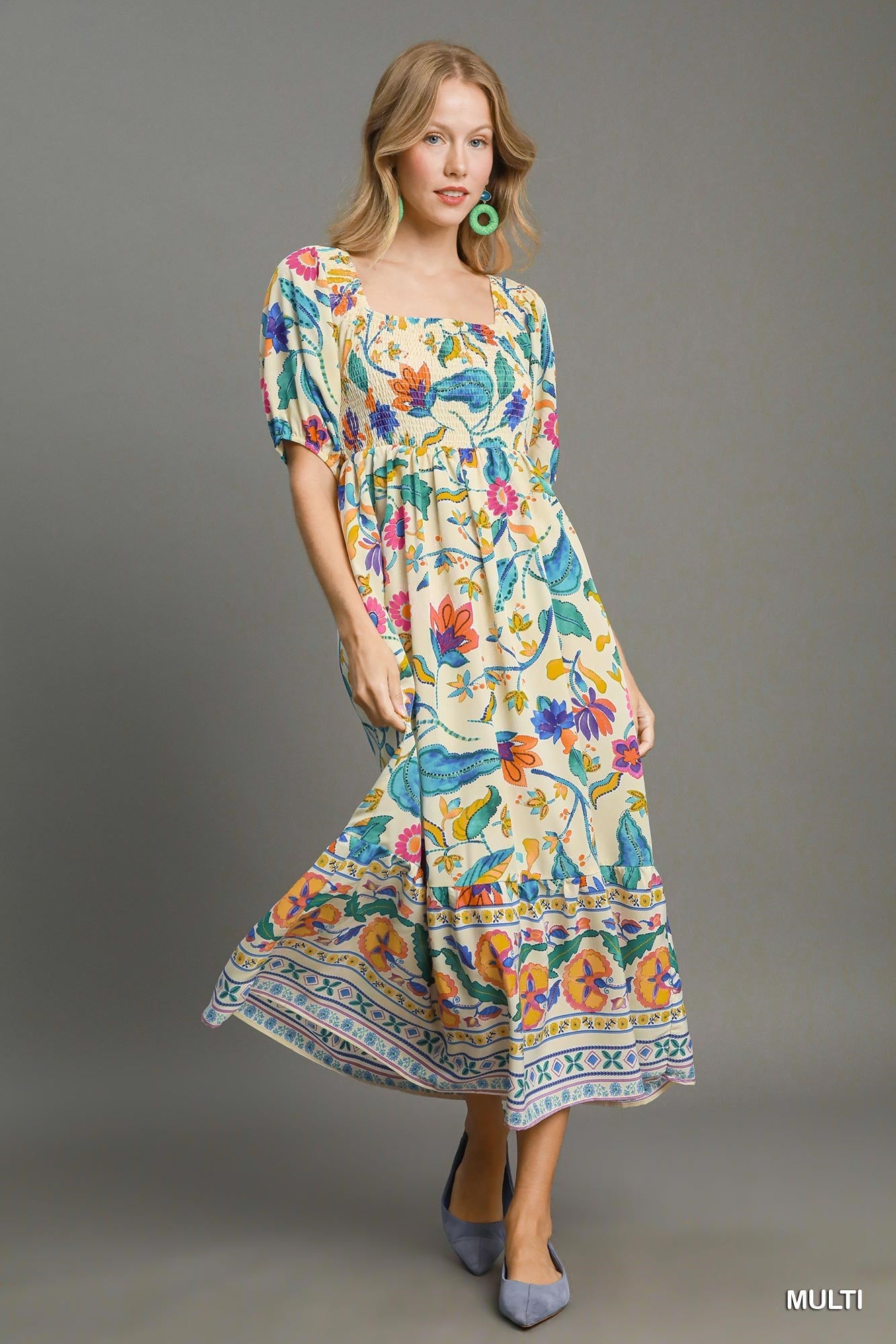 Umgee Boho Floral Smocked Maxi Dress – Multicolor-Maxi Dresses-Umgee-Deja Nu Boutique, Women's Fashion Boutique in Lampasas, Texas