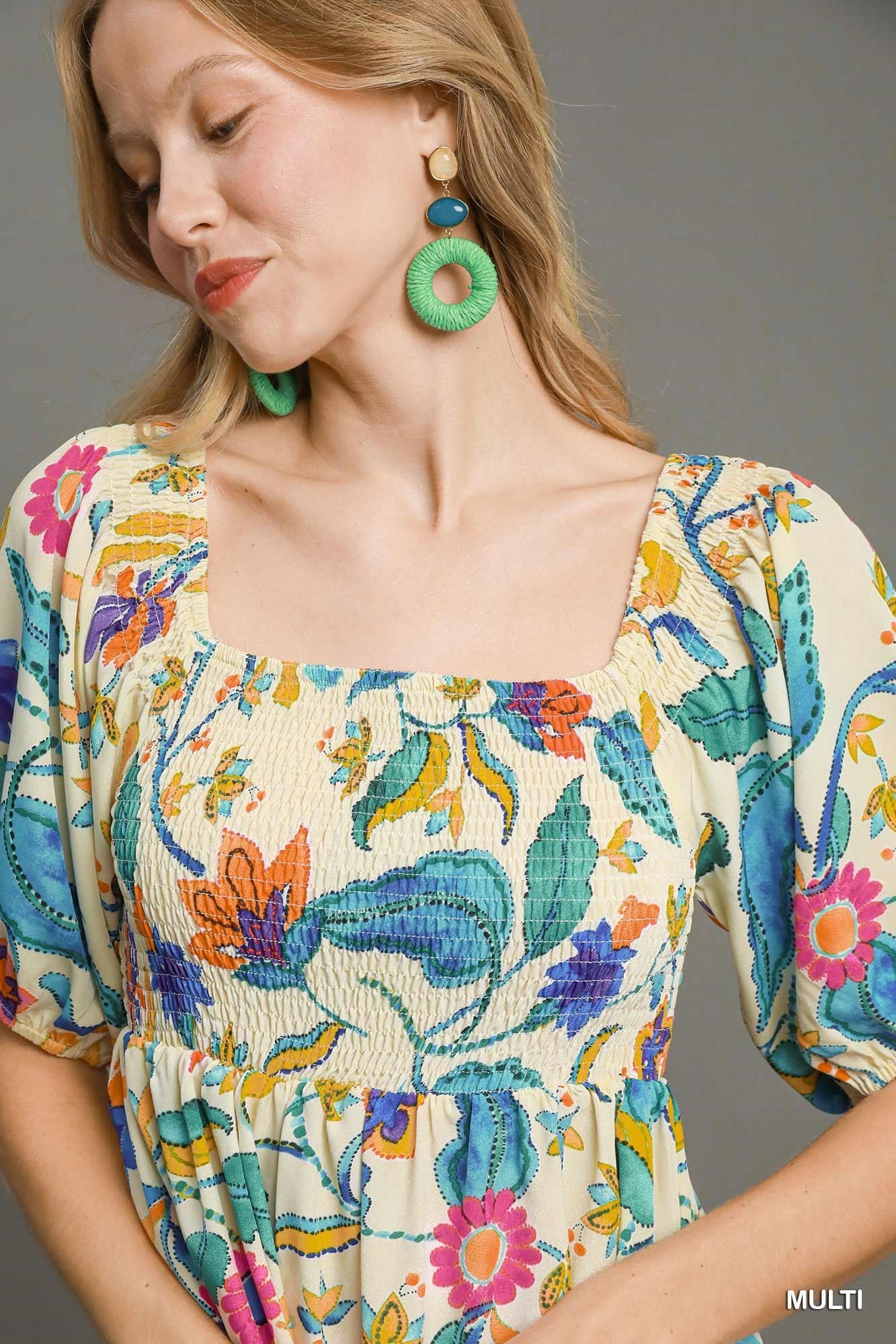 Umgee Boho Floral Smocked Maxi Dress – Multicolor-Maxi Dresses-Umgee-Deja Nu Boutique, Women's Fashion Boutique in Lampasas, Texas