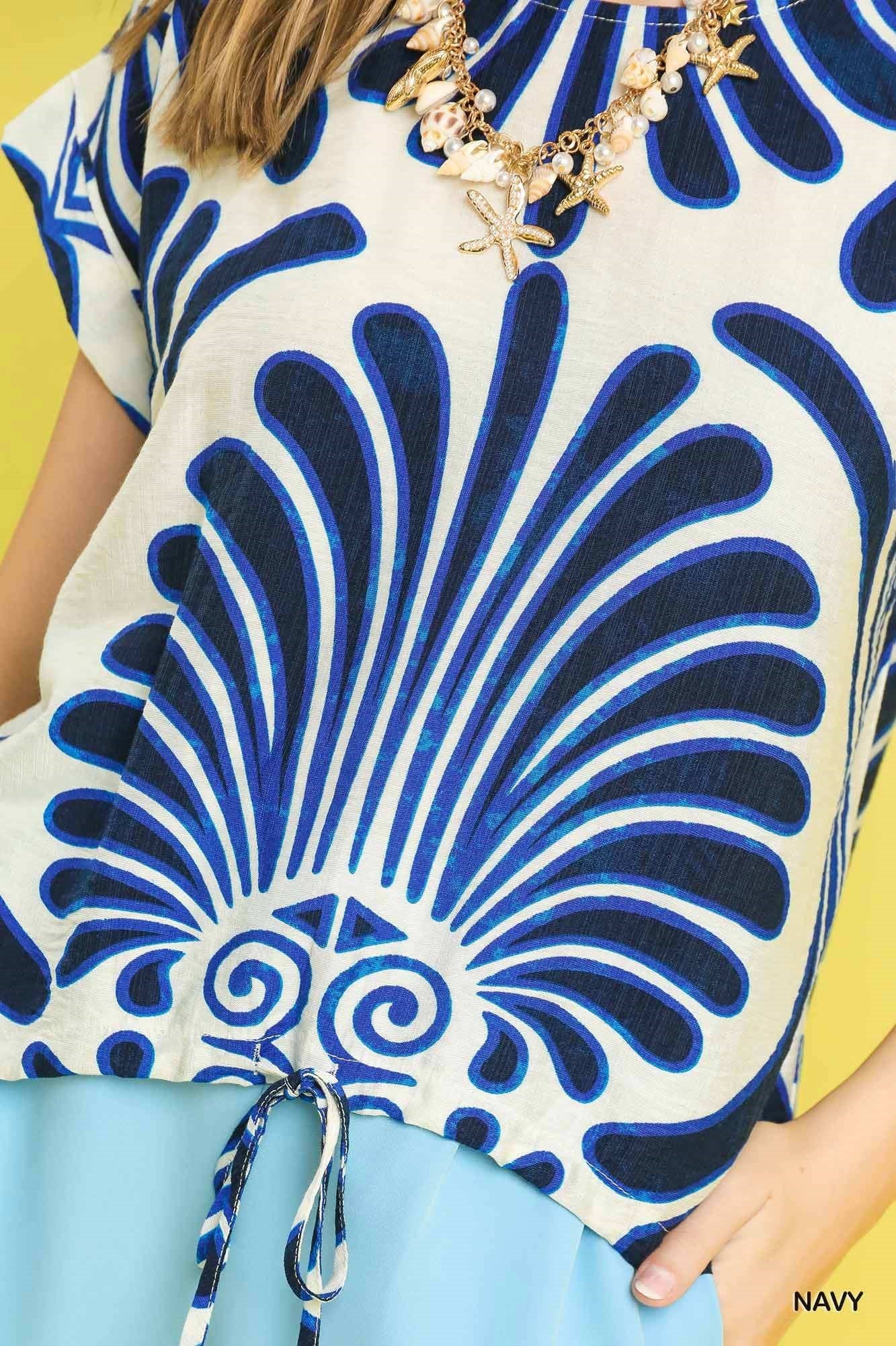 Umgee Boho Sunburst Print Tie Hem Top – Navy-Tops-Umgee-Deja Nu Boutique, Women's Fashion Boutique in Lampasas, Texas