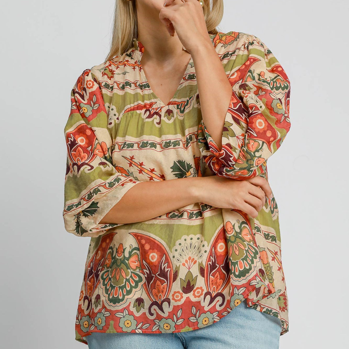 UmgeeBorderPrintSplitNeckTopWi 