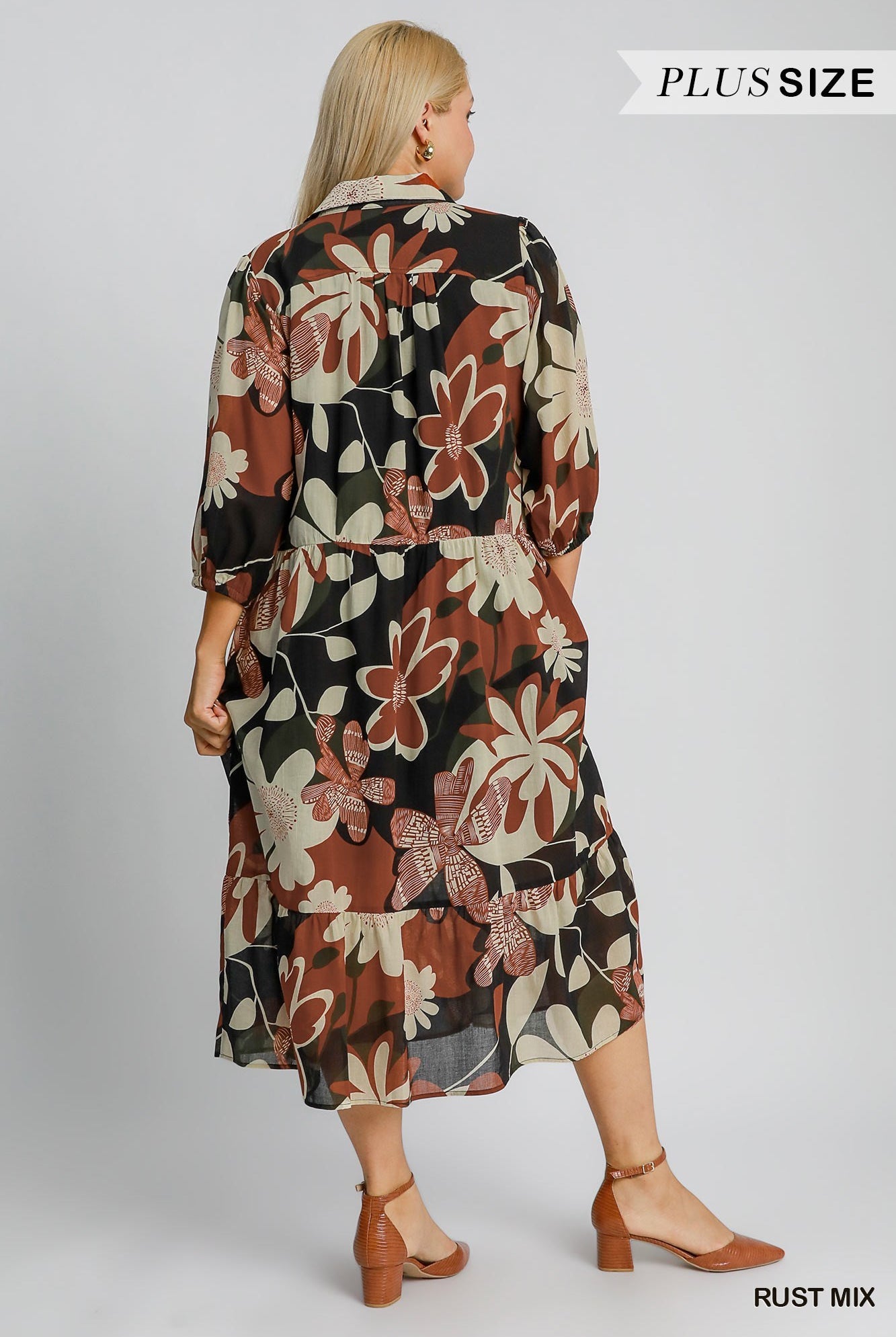 Umgee Floral Abstract Print Collard Tiered Midi Dress In Rust Mix Plus-Curvy/Plus Dresses-Umgee-Deja Nu Boutique, Women's Fashion Boutique in Lampasas, Texas