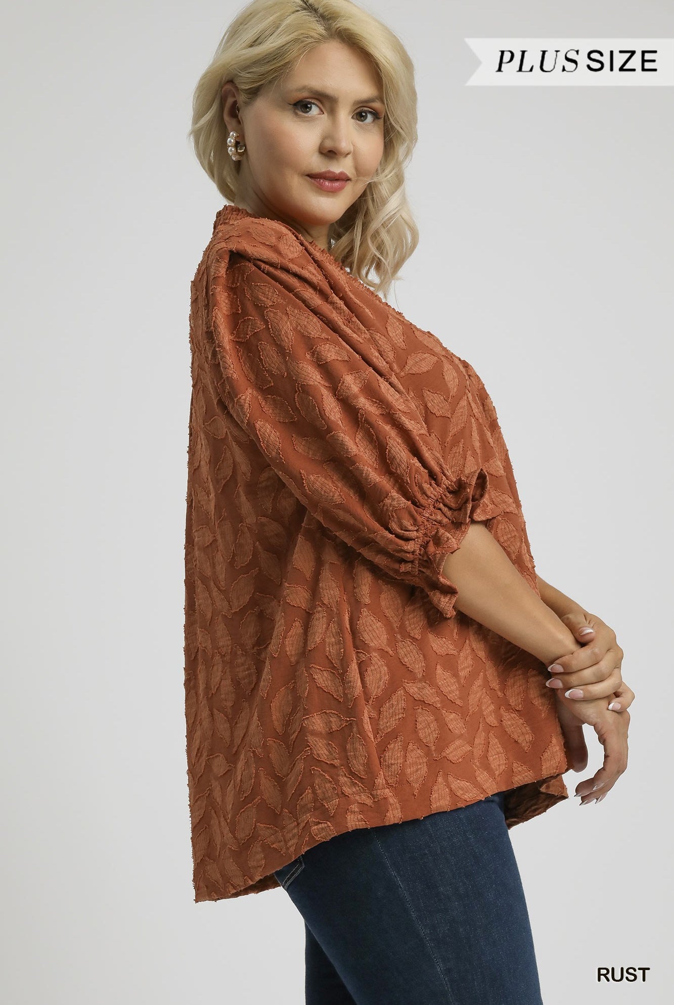 Umgee Floral Jacquard Plus V-Neck Top in Rust-Curvy/Plus Blouses-Umgee-Deja Nu Boutique, Women's Fashion Boutique in Lampasas, Texas