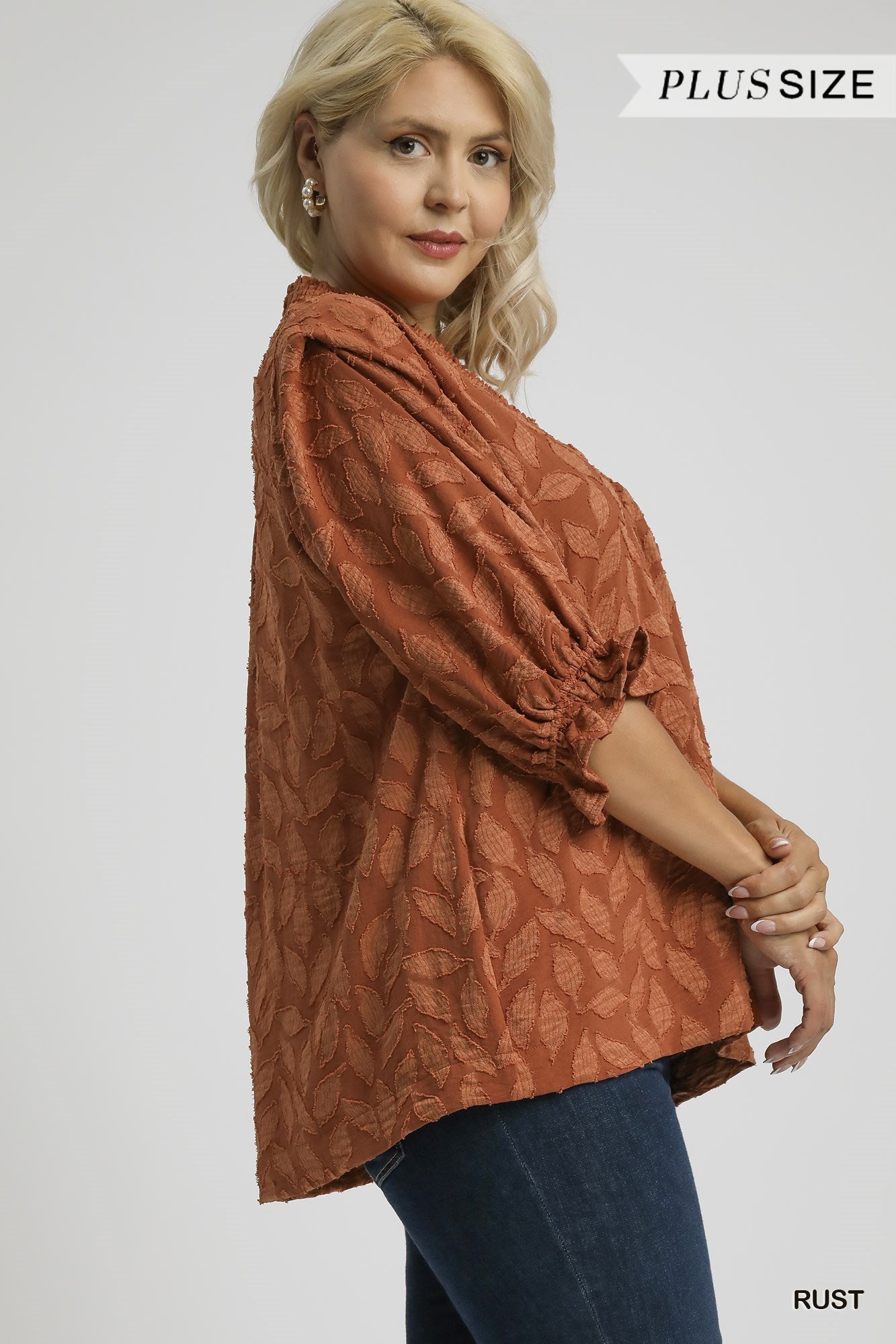 Umgee Floral Jacquard Plus V-Neck Top in Rust-Curvy/Plus Blouses-Umgee-Deja Nu Boutique, Women's Fashion Boutique in Lampasas, Texas
