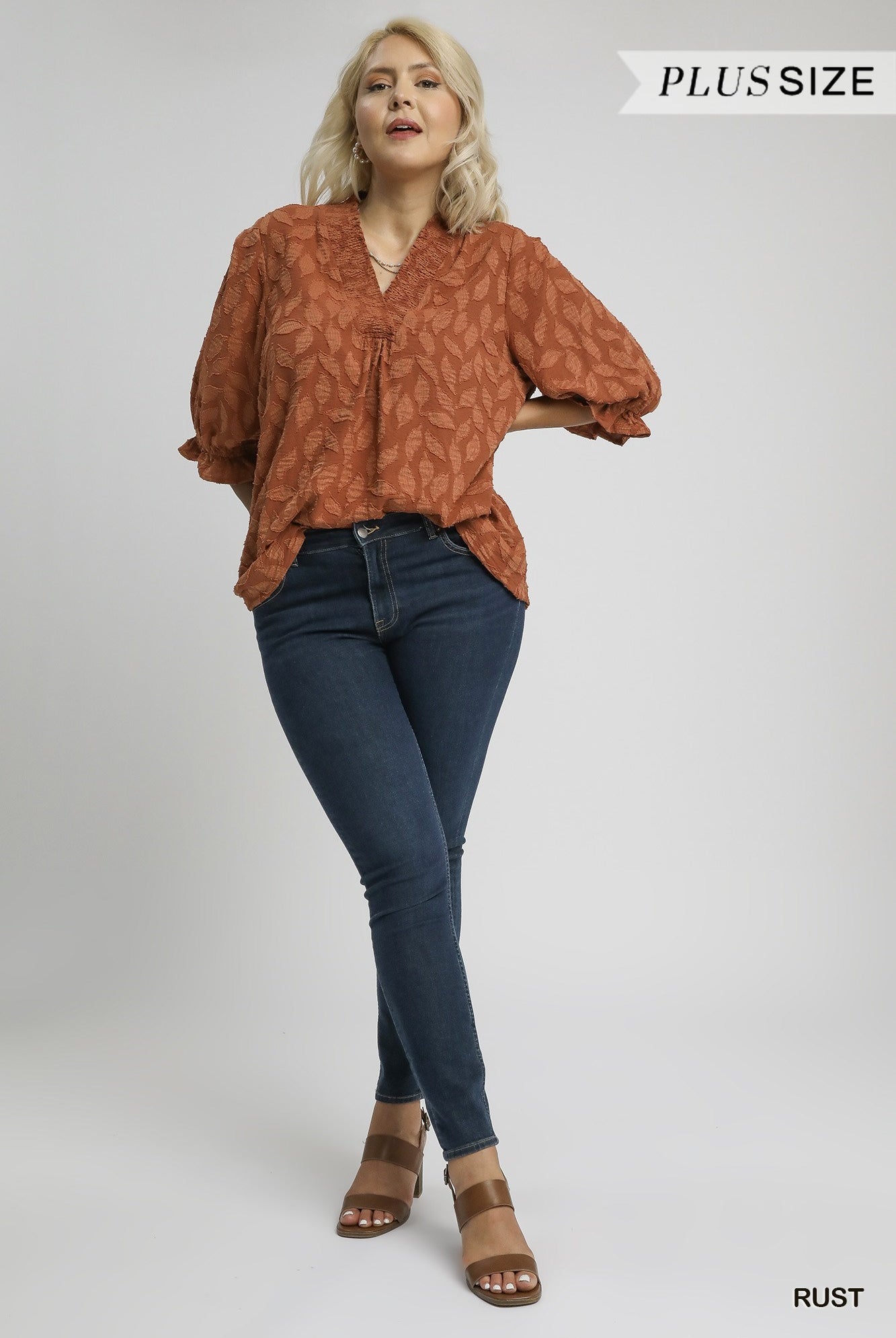 Umgee Floral Jacquard Plus V-Neck Top in Rust-Curvy/Plus Blouses-Umgee-Deja Nu Boutique, Women's Fashion Boutique in Lampasas, Texas