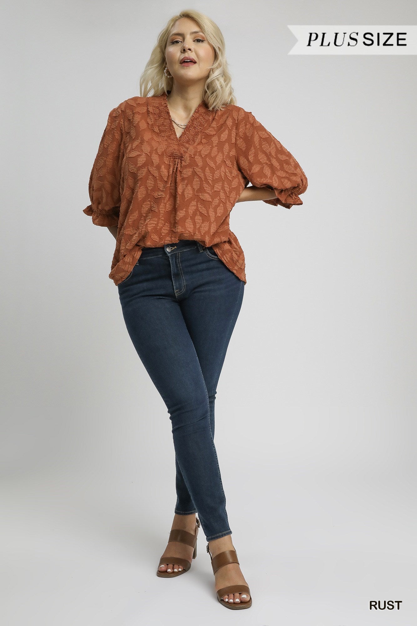 Umgee Floral Jacquard Plus V-Neck Top in Rust-Curvy/Plus Blouses-Umgee-Deja Nu Boutique, Women's Fashion Boutique in Lampasas, Texas