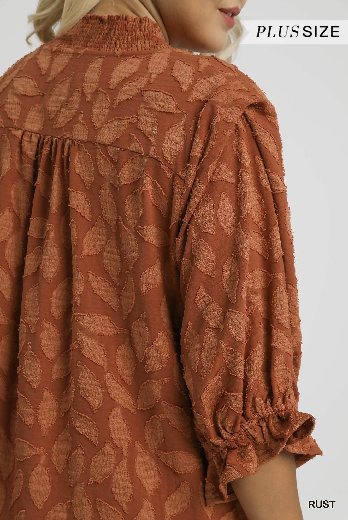 Umgee Floral Jacquard Plus V-Neck Top in Rust-Curvy/Plus Blouses-Umgee-Deja Nu Boutique, Women's Fashion Boutique in Lampasas, Texas