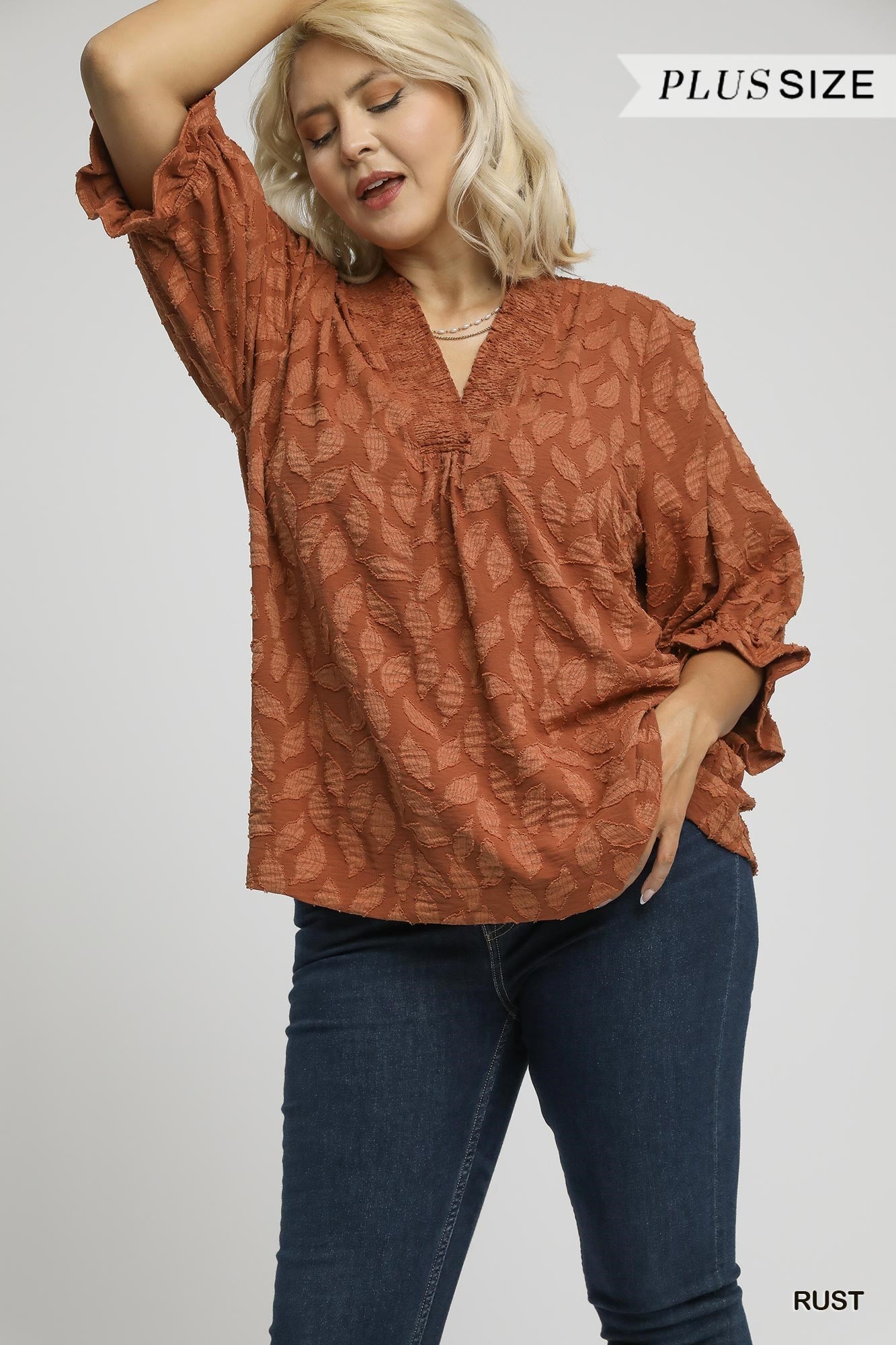 Umgee Floral Jacquard Plus V-Neck Top in Rust-Curvy/Plus Blouses-Umgee-Deja Nu Boutique, Women's Fashion Boutique in Lampasas, Texas