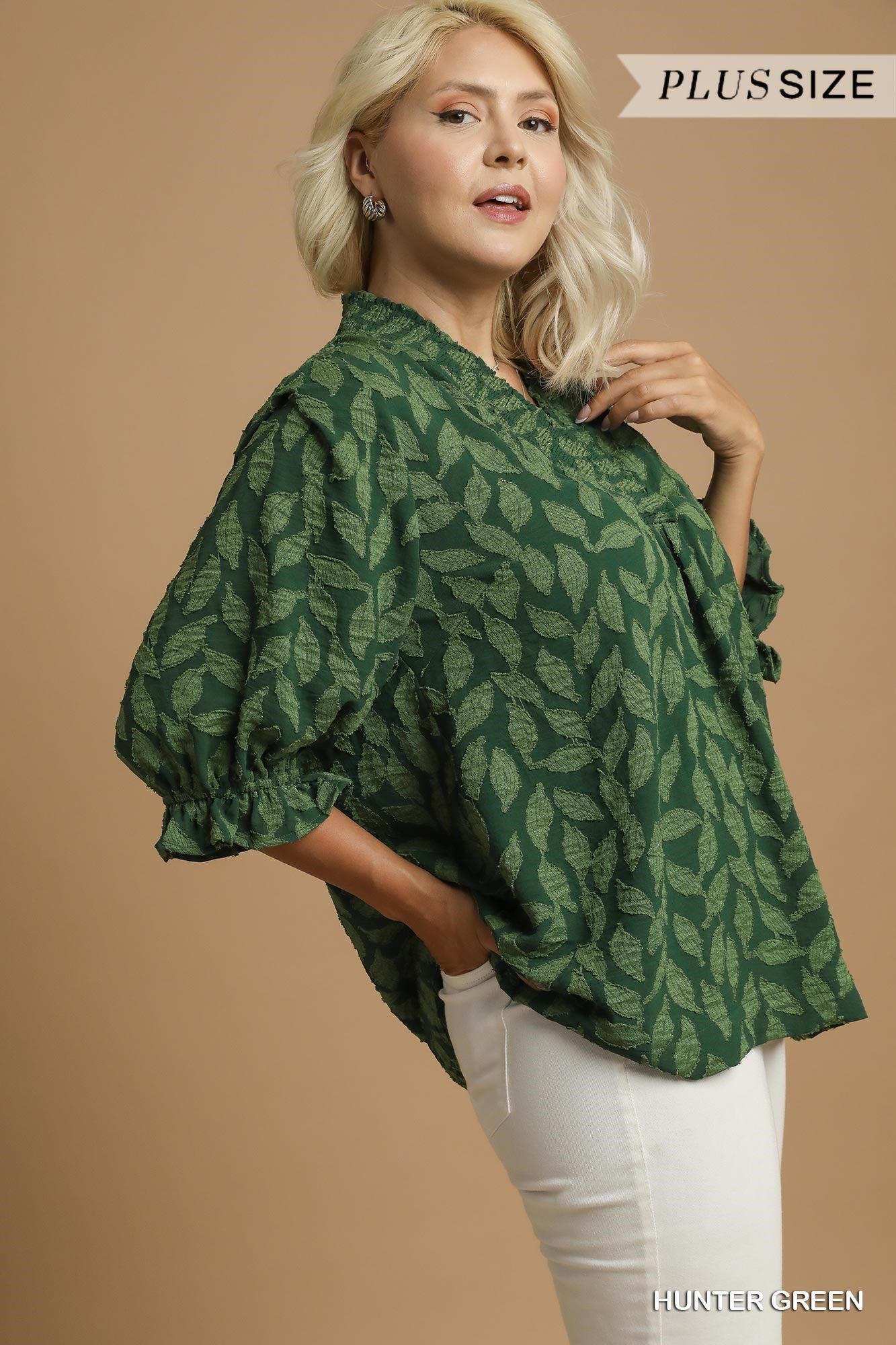 Umgee Floral Jacquard V-Neck Top in Hunter Green-Curvy/Plus Blouses-Umgee-Deja Nu Boutique, Women's Fashion Boutique in Lampasas, Texas