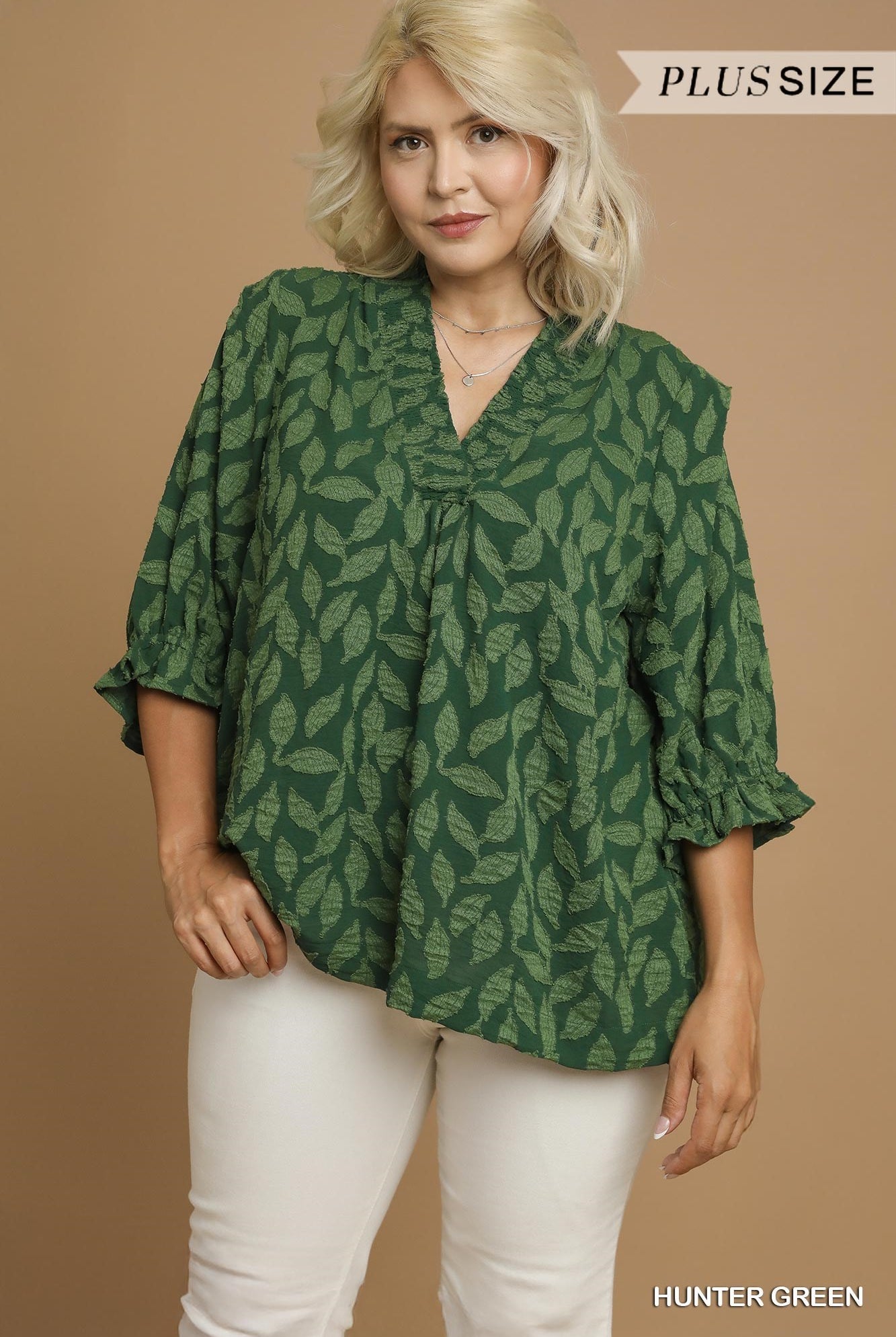 Umgee Floral Jacquard V-Neck Top in Hunter Green-Curvy/Plus Blouses-Umgee-Deja Nu Boutique, Women's Fashion Boutique in Lampasas, Texas