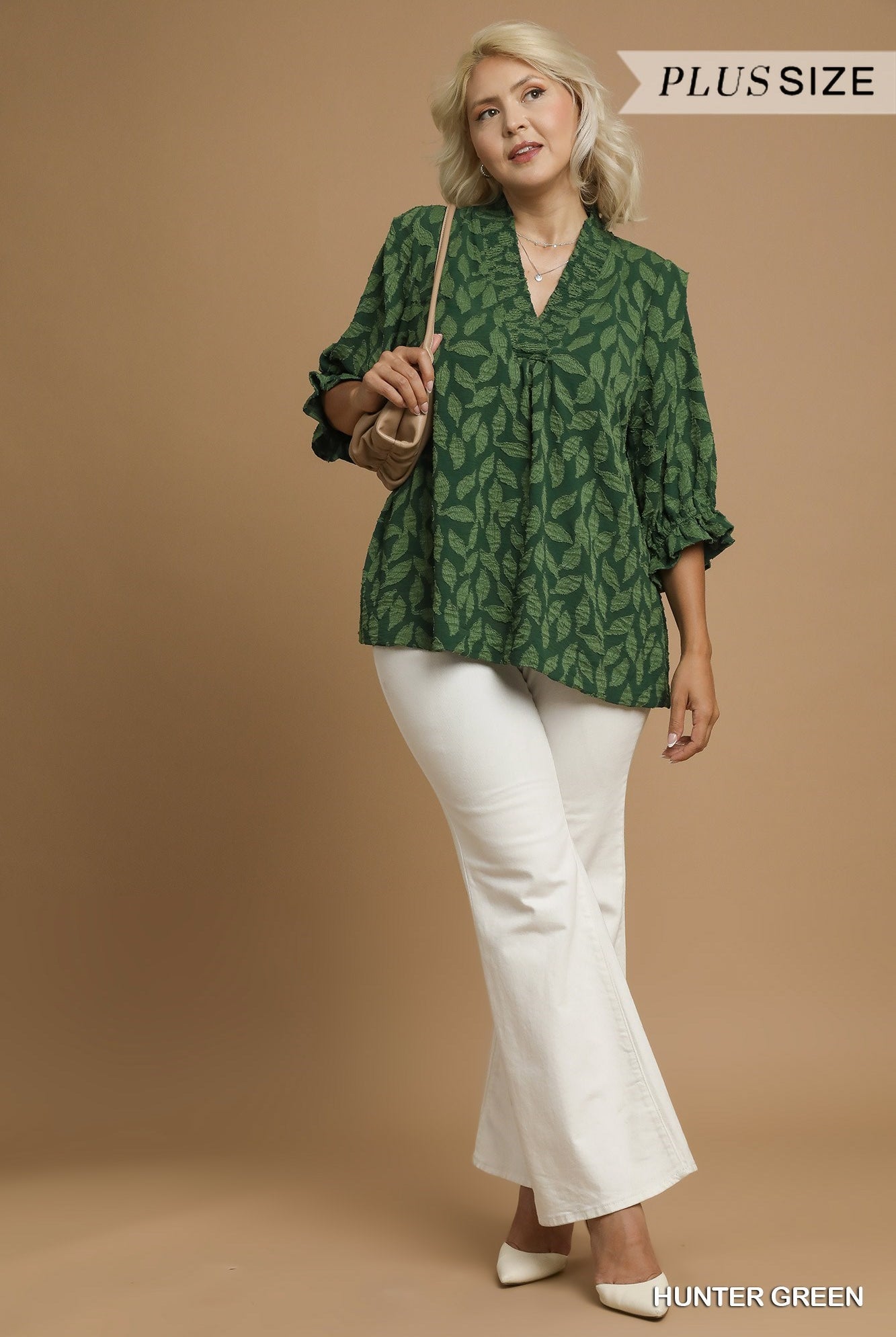 Umgee Floral Jacquard V-Neck Top in Hunter Green-Curvy/Plus Blouses-Umgee-Deja Nu Boutique, Women's Fashion Boutique in Lampasas, Texas