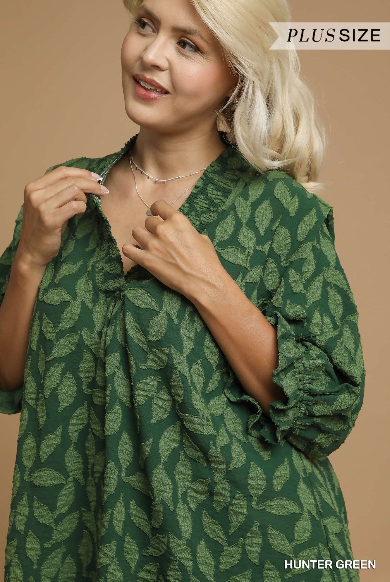 Umgee Floral Jacquard V-Neck Top in Hunter Green-Curvy/Plus Blouses-Umgee-Deja Nu Boutique, Women's Fashion Boutique in Lampasas, Texas