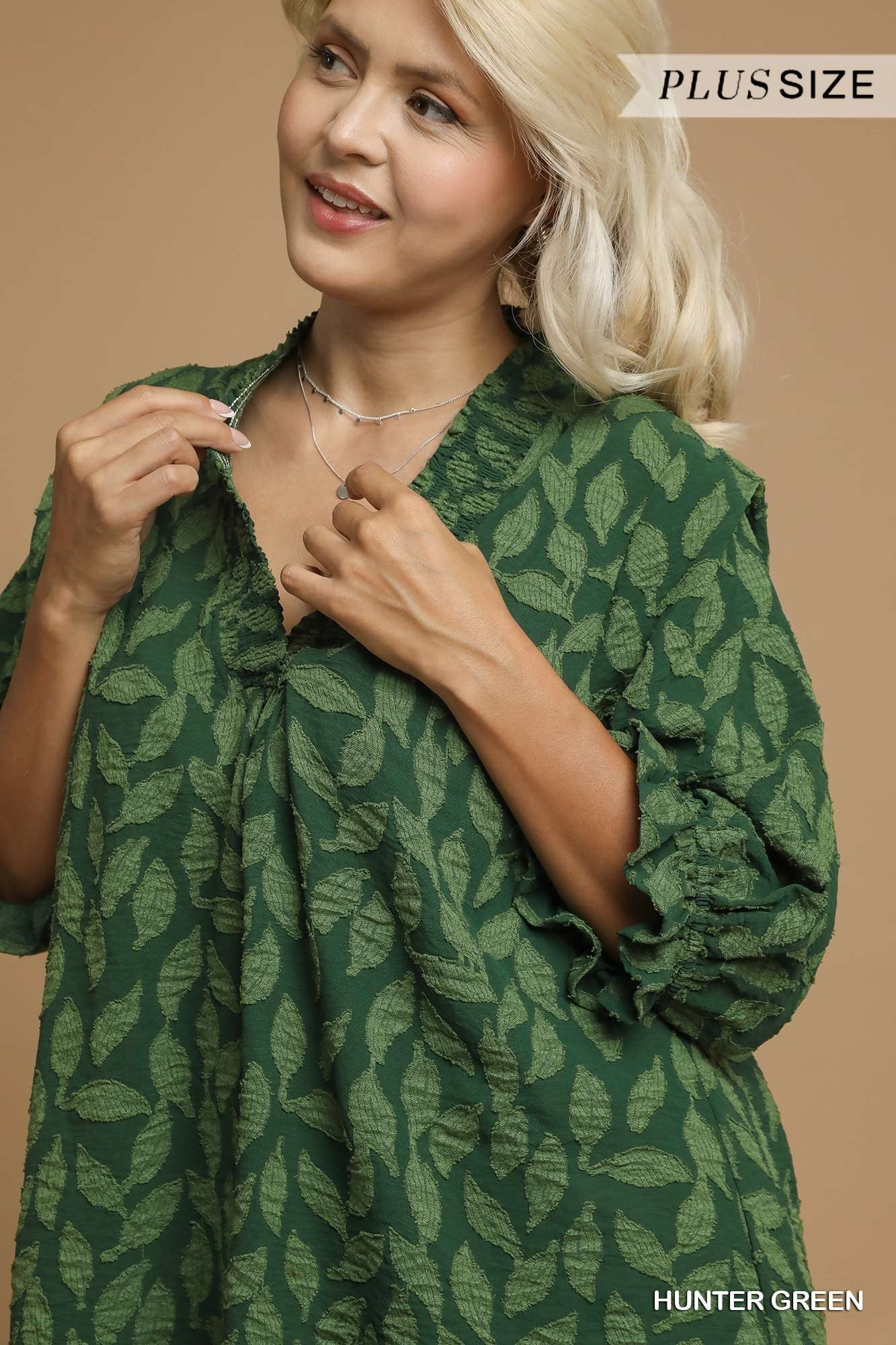 Umgee Floral Jacquard V-Neck Top in Hunter Green-Curvy/Plus Blouses-Umgee-Deja Nu Boutique, Women's Fashion Boutique in Lampasas, Texas