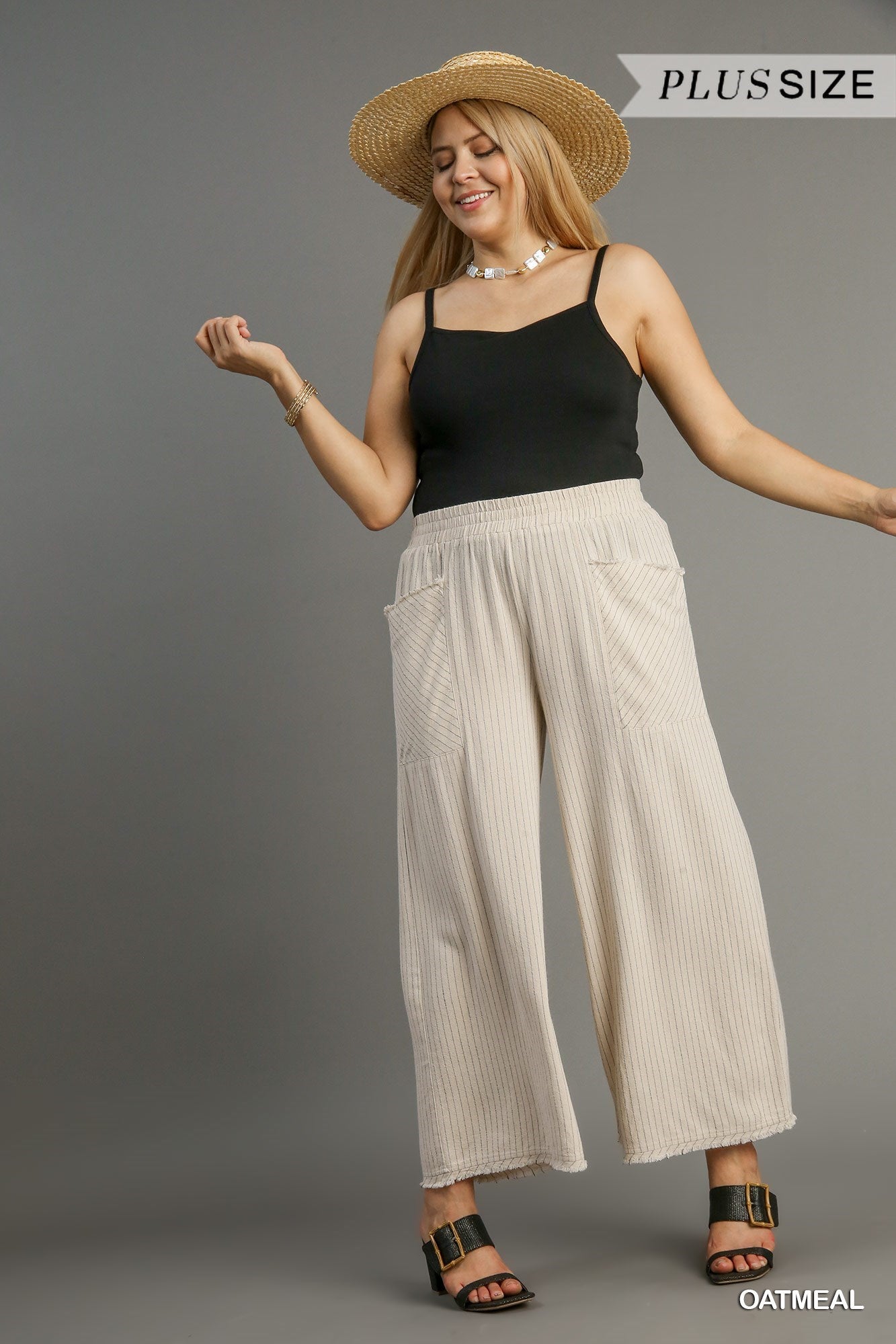 Umgee Linen Blend Oatmeal Stripe Wide Leg Pants With Frayed Details Plus-Curvy/Plus Pants-Umgee-Deja Nu Boutique, Women's Fashion Boutique in Lampasas, Texas