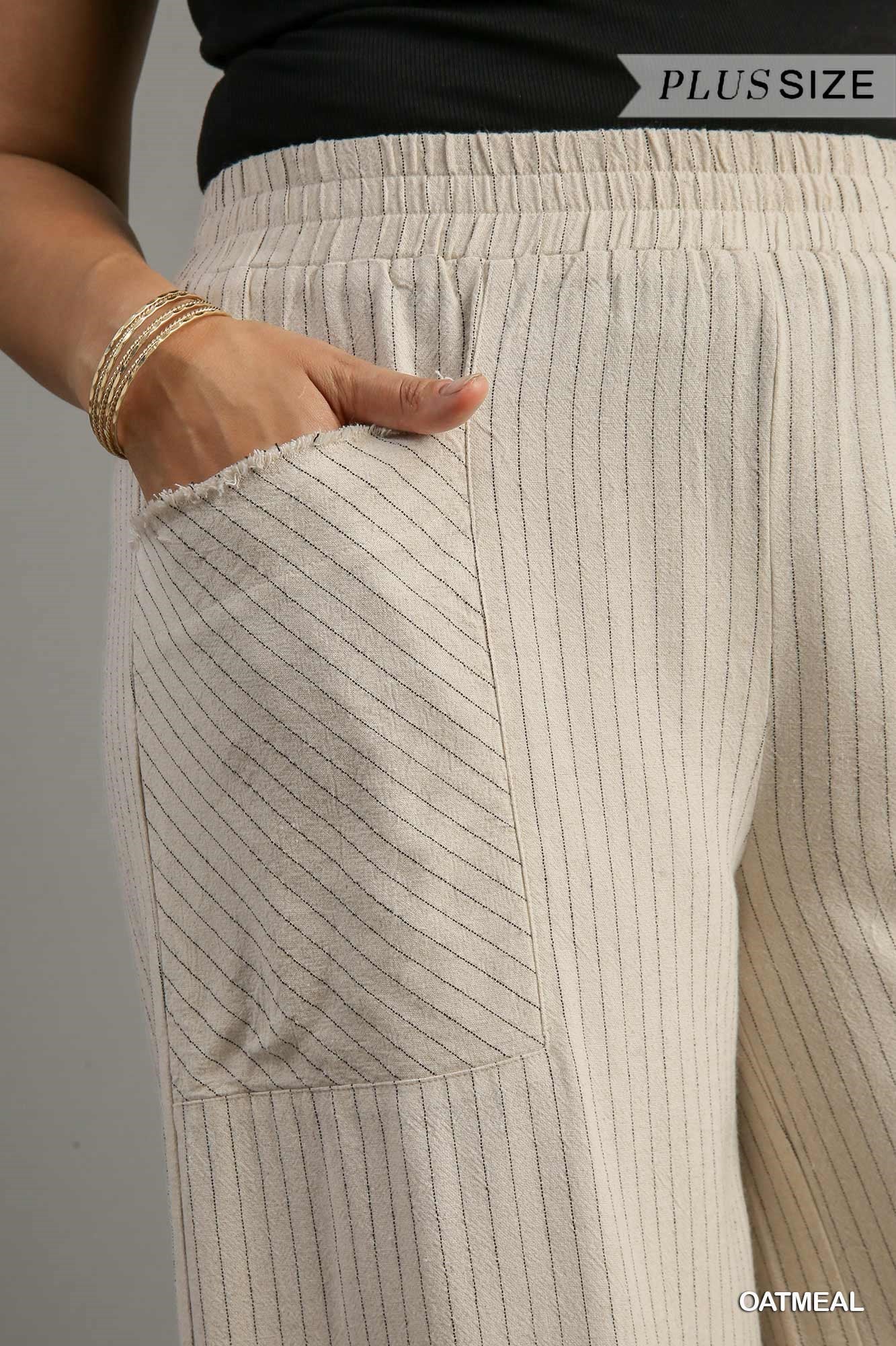 Umgee Linen Blend Oatmeal Stripe Wide Leg Pants With Frayed Details Plus-Curvy/Plus Pants-Umgee-Deja Nu Boutique, Women's Fashion Boutique in Lampasas, Texas
