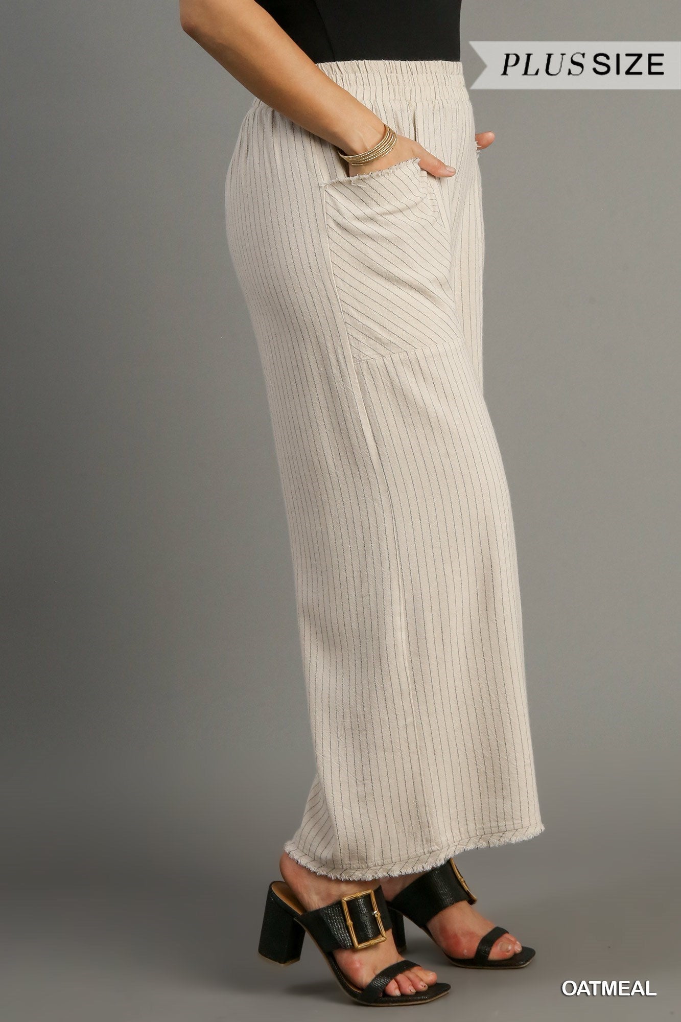 Umgee Linen Blend Oatmeal Stripe Wide Leg Pants With Frayed Details Plus-Curvy/Plus Pants-Umgee-Deja Nu Boutique, Women's Fashion Boutique in Lampasas, Texas