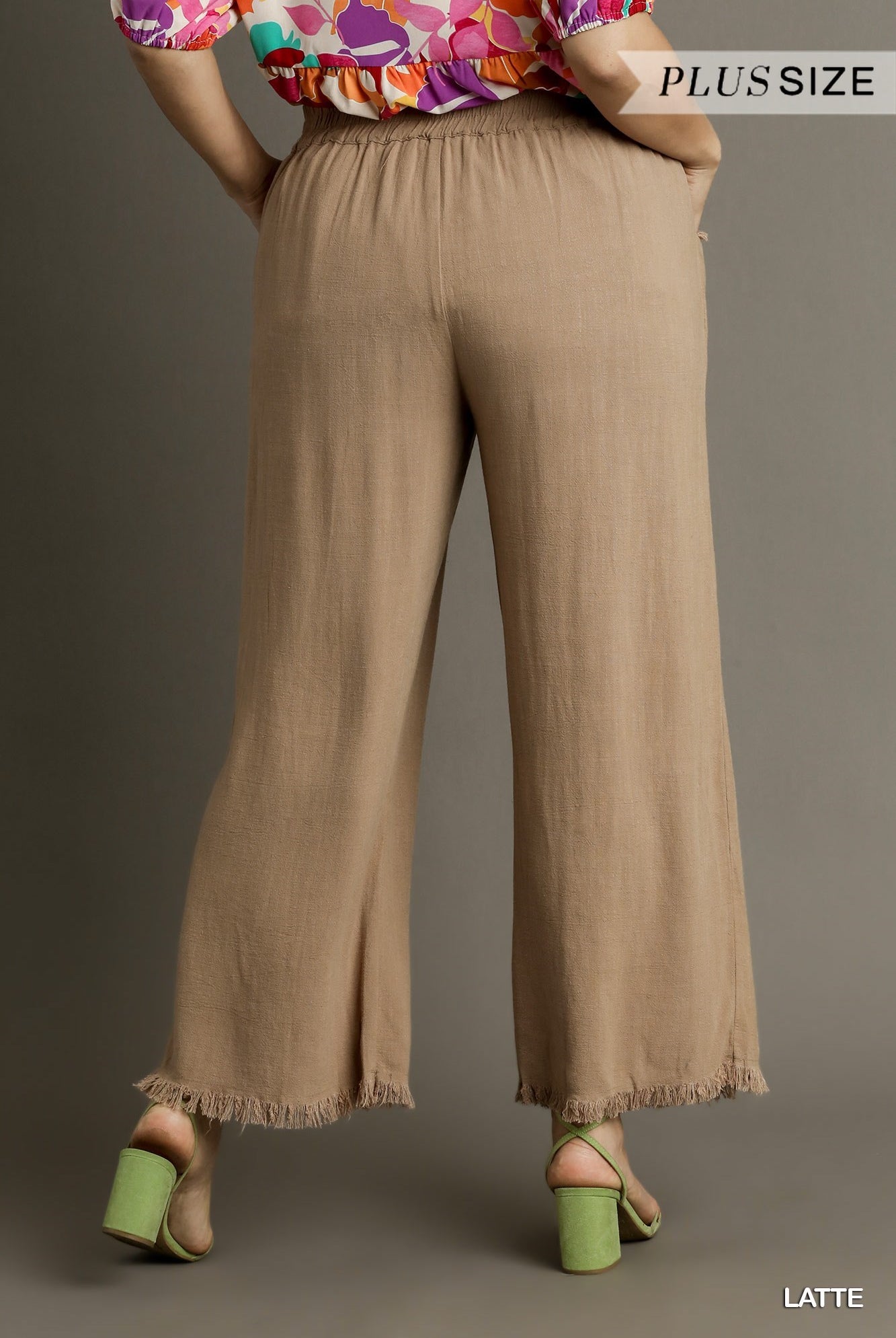 Umgee Linen Blend Wide Leg Pants With Elastic Waistband And Frayed Hem Bottoms In Latte Plus-Curvy/Plus Pants-Umgee-Deja Nu Boutique, Women's Fashion Boutique in Lampasas, Texas