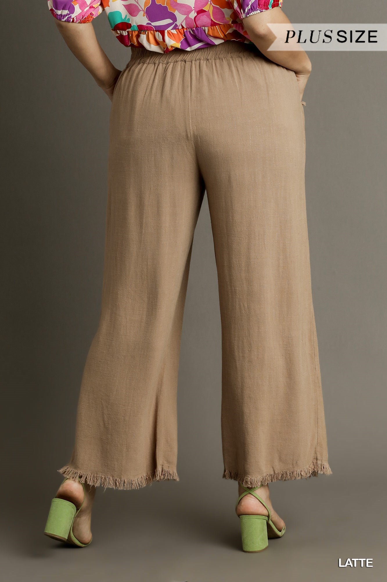 Umgee Linen Blend Wide Leg Pants With Elastic Waistband And Frayed Hem Bottoms In Latte Plus-Curvy/Plus Pants-Umgee-Deja Nu Boutique, Women's Fashion Boutique in Lampasas, Texas