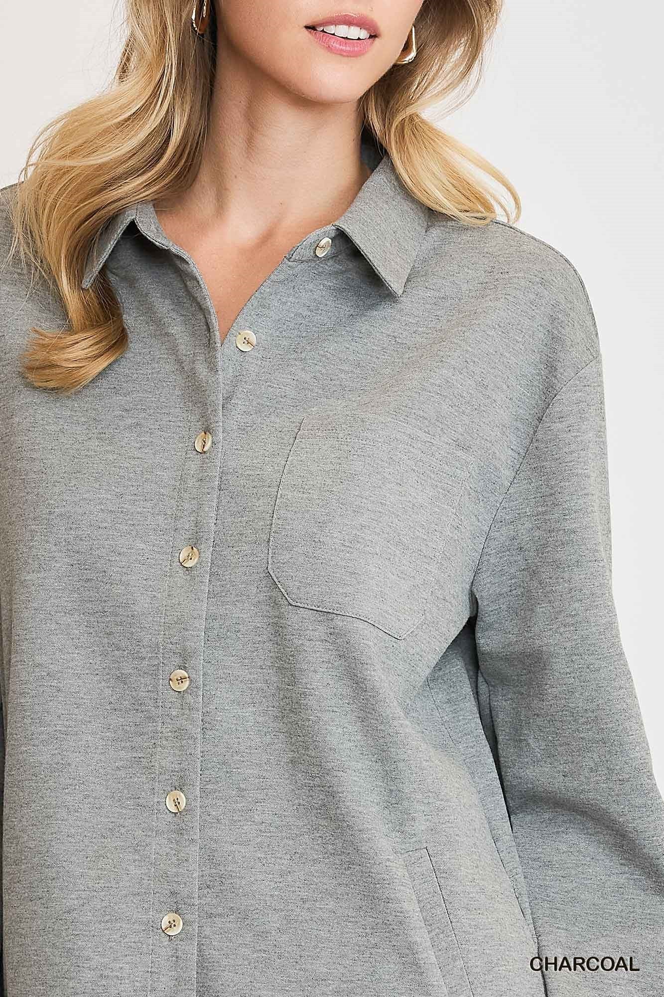 Umgee Luxknit Oversized Shirt Jacket In Charcoal-shirts-Umgee-Deja Nu Boutique, Women's Fashion Boutique in Lampasas, Texas