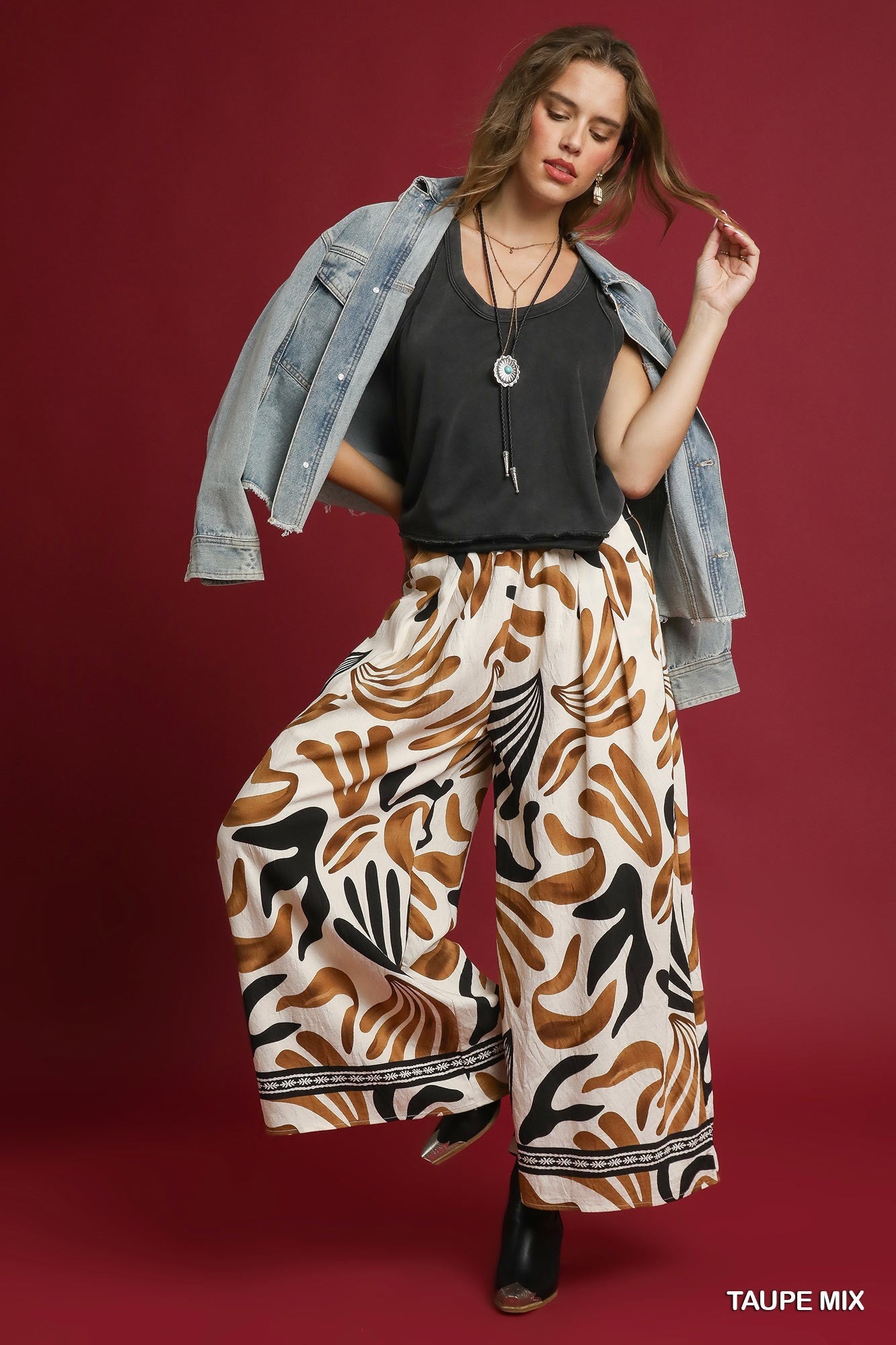 Umgee Mix Tropical Leaf Print Wide Leg Pants in Taupe Mix-Bottoms-Umgee-Deja Nu Boutique, Women's Fashion Boutique in Lampasas, Texas