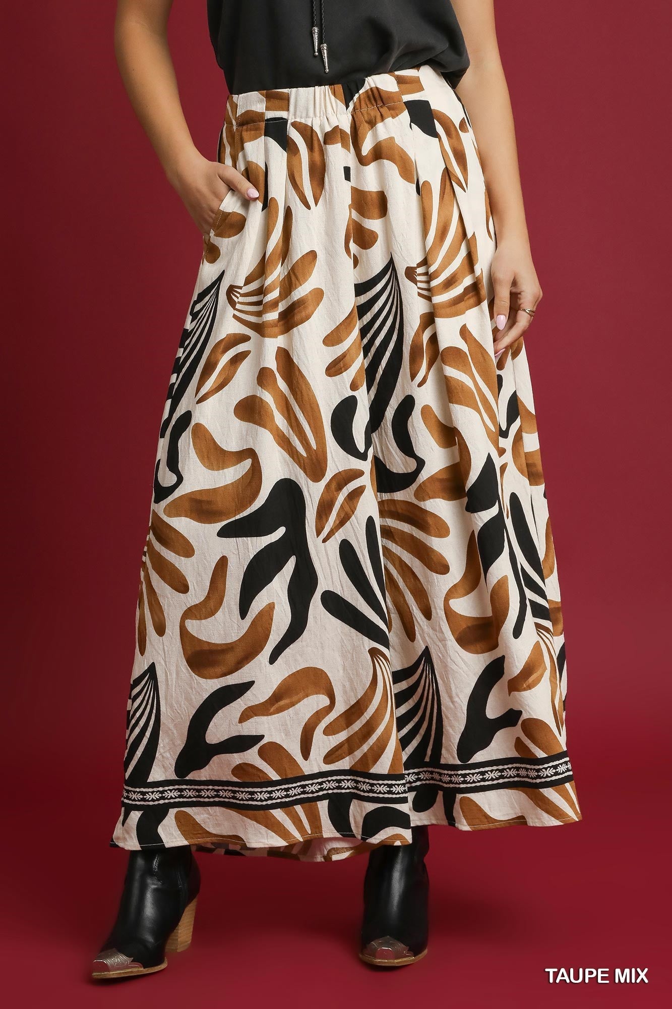 Umgee Mix Tropical Leaf Print Wide Leg Pants in Taupe Mix-Bottoms-Umgee-Deja Nu Boutique, Women's Fashion Boutique in Lampasas, Texas