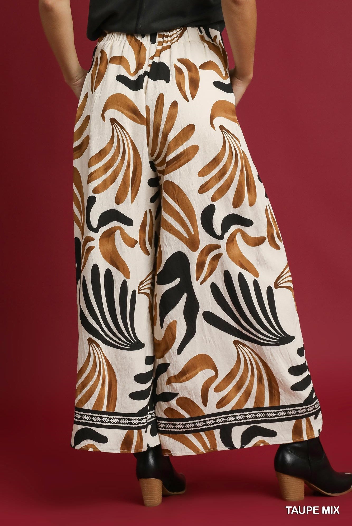 Umgee Mix Tropical Leaf Print Wide Leg Pants in Taupe Mix-Bottoms-Umgee-Deja Nu Boutique, Women's Fashion Boutique in Lampasas, Texas