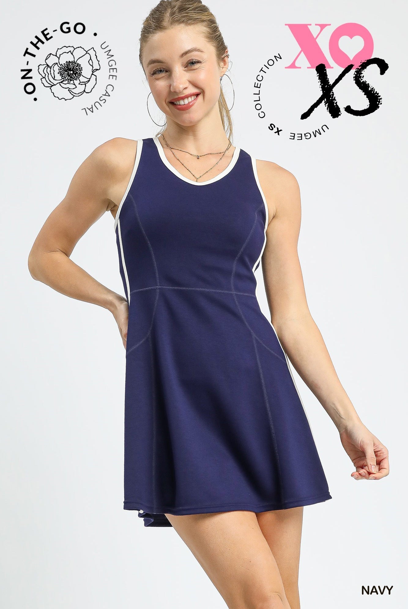 Umgee Navy Contrast Trim Athletic Mini Dress with Detachable Shorts-Dresses-Umgee-Deja Nu Boutique, Women's Fashion Boutique in Lampasas, Texas
