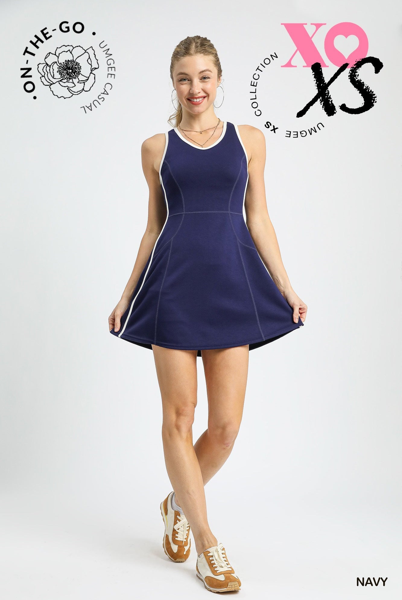 Umgee Navy Contrast Trim Athletic Mini Dress with Detachable Shorts-Dresses-Umgee-Deja Nu Boutique, Women's Fashion Boutique in Lampasas, Texas