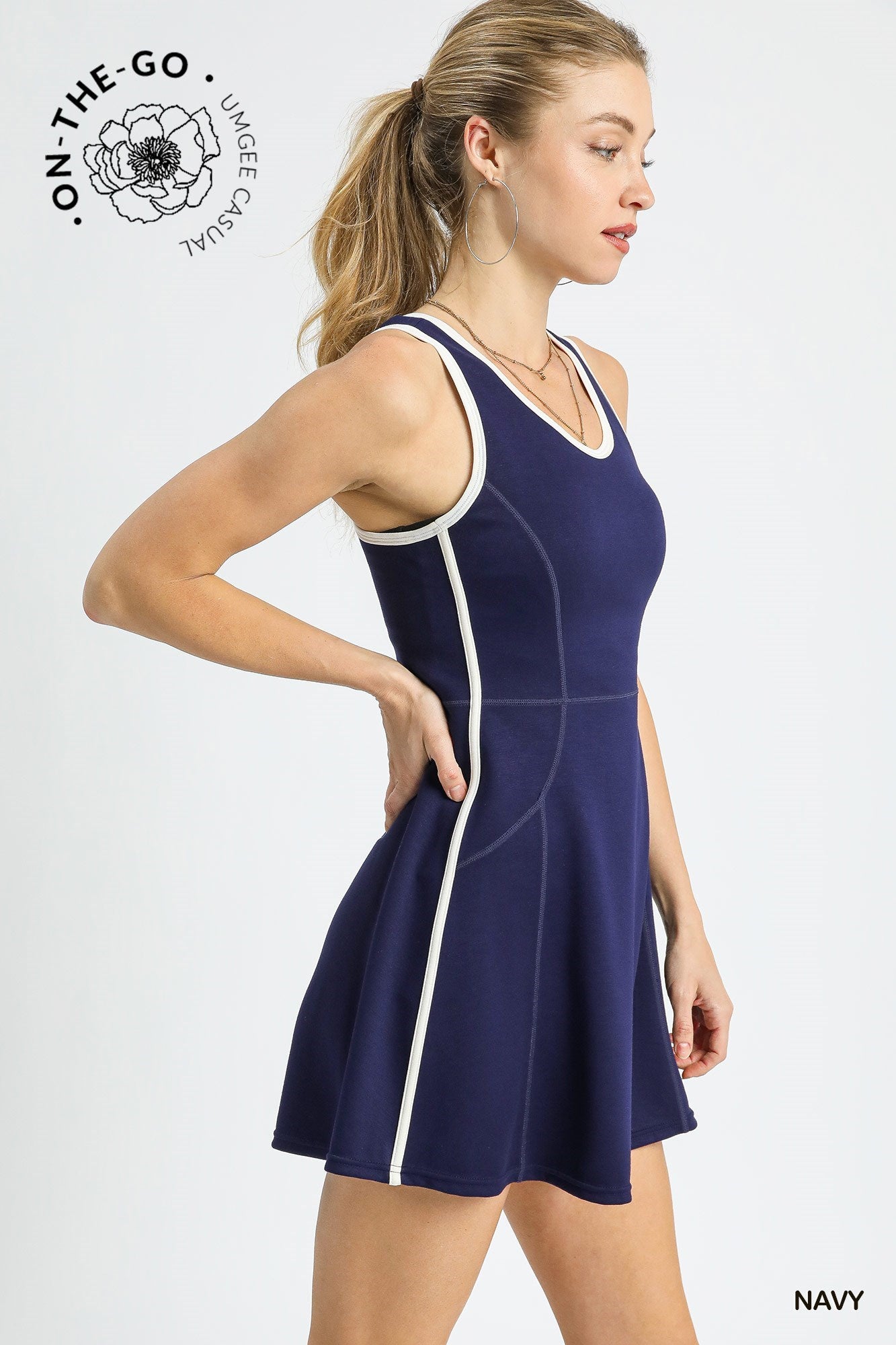 Umgee Navy Contrast Trim Athletic Mini Dress with Detachable Shorts-Dresses-Umgee-Deja Nu Boutique, Women's Fashion Boutique in Lampasas, Texas