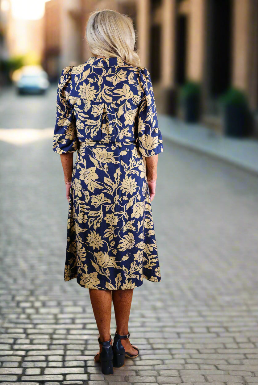 Umgee Navy Mix Floral Print Midi Dress with Waist Tie-Dresses-Umgee-Deja Nu Boutique, Women's Fashion Boutique in Lampasas, Texas