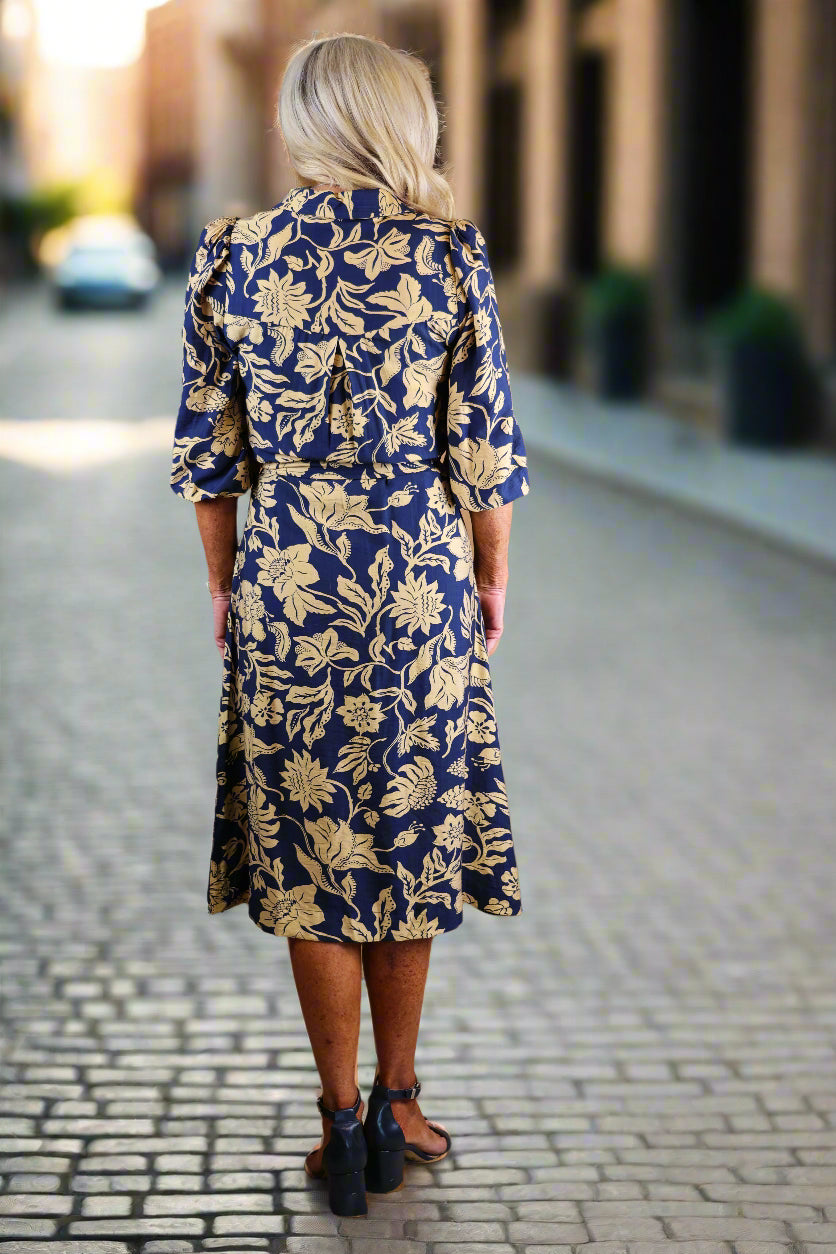 Umgee Navy Mix Floral Print Midi Dress with Waist Tie-Dresses-Umgee-Deja Nu Boutique, Women's Fashion Boutique in Lampasas, Texas