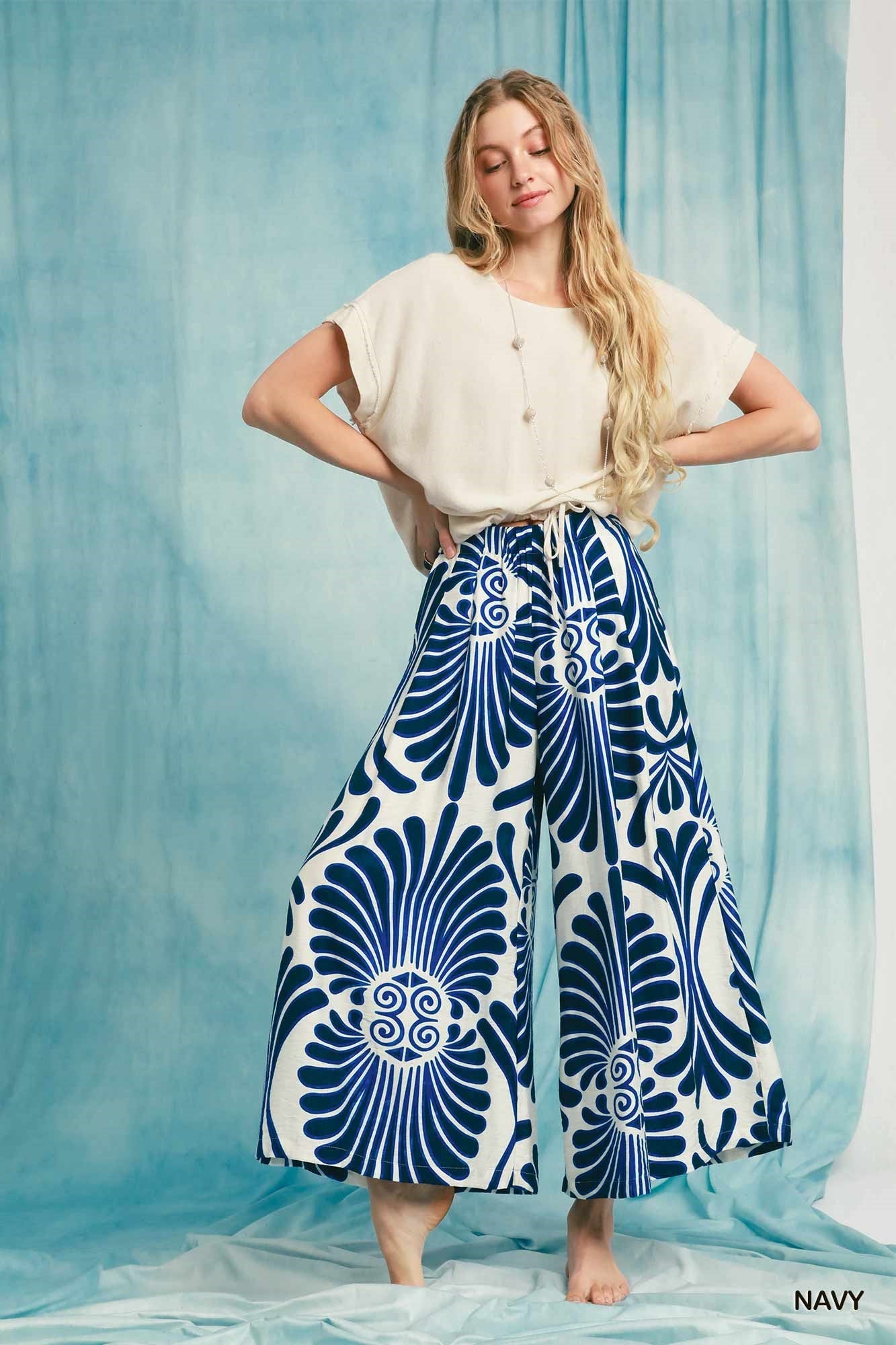 Umgee Navy Tropical Boho Sunburst Swirl Wide Leg Pants-Pants-Umgee-Deja Nu Boutique, Women's Fashion Boutique in Lampasas, Texas