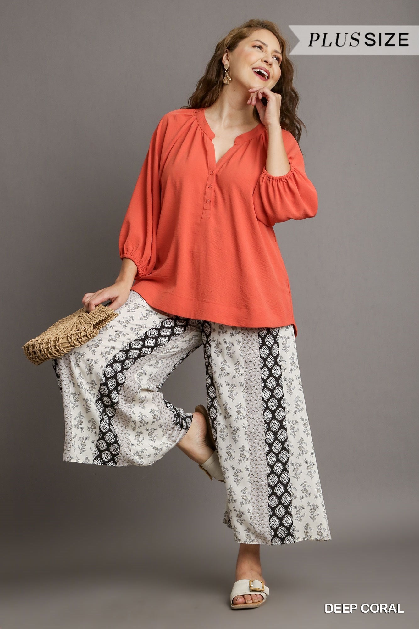 Umgee Notched Neckline Raglan Sleeve High Low Hem Blouse In Deep Coral Plus-Curvy/Plus Tops-Umgee-Deja Nu Boutique, Women's Fashion Boutique in Lampasas, Texas