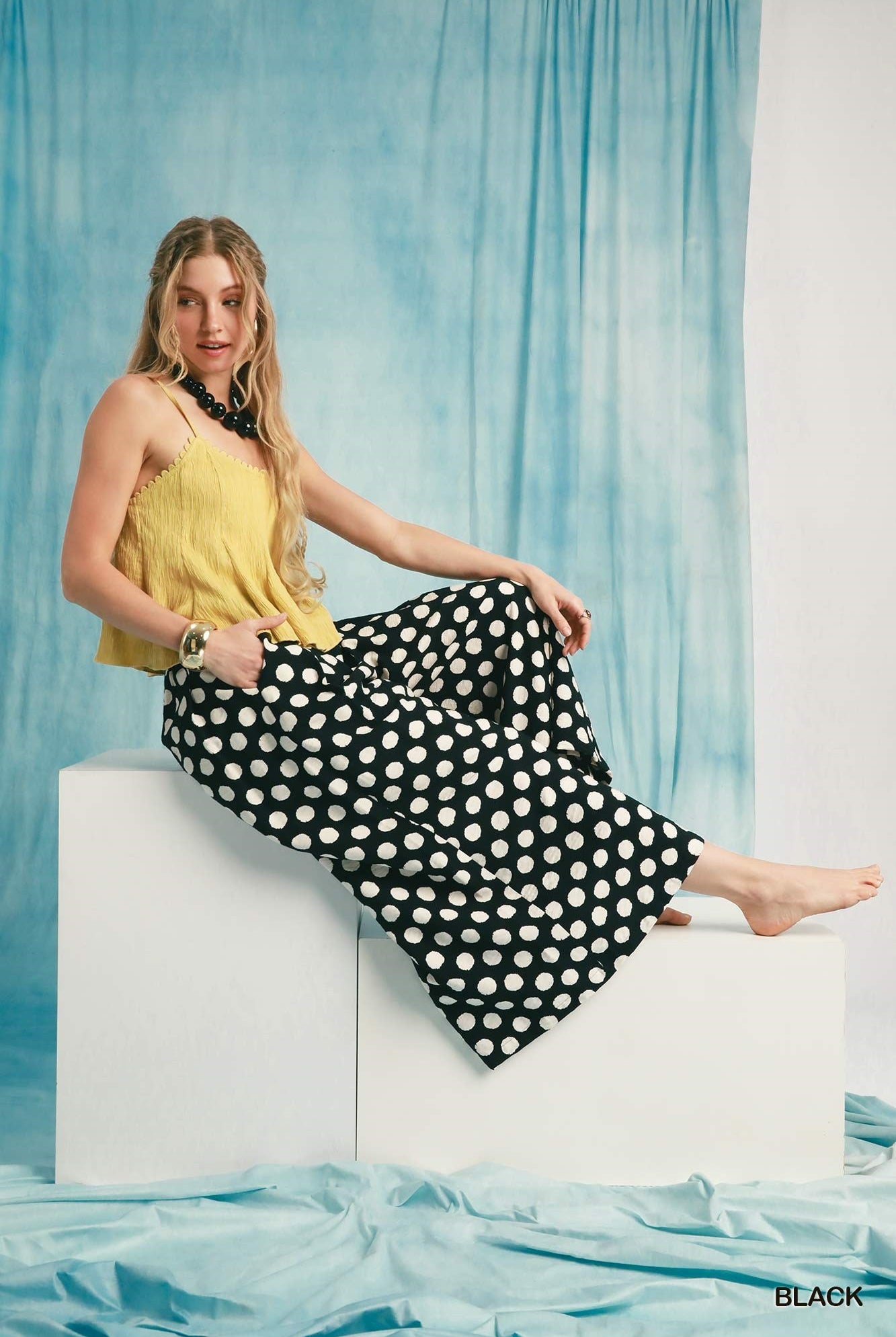 Umgee Playful Polka Dot Wide Leg Pants in Black-Bottoms-Umgee-Deja Nu Boutique, Women's Fashion Boutique in Lampasas, Texas