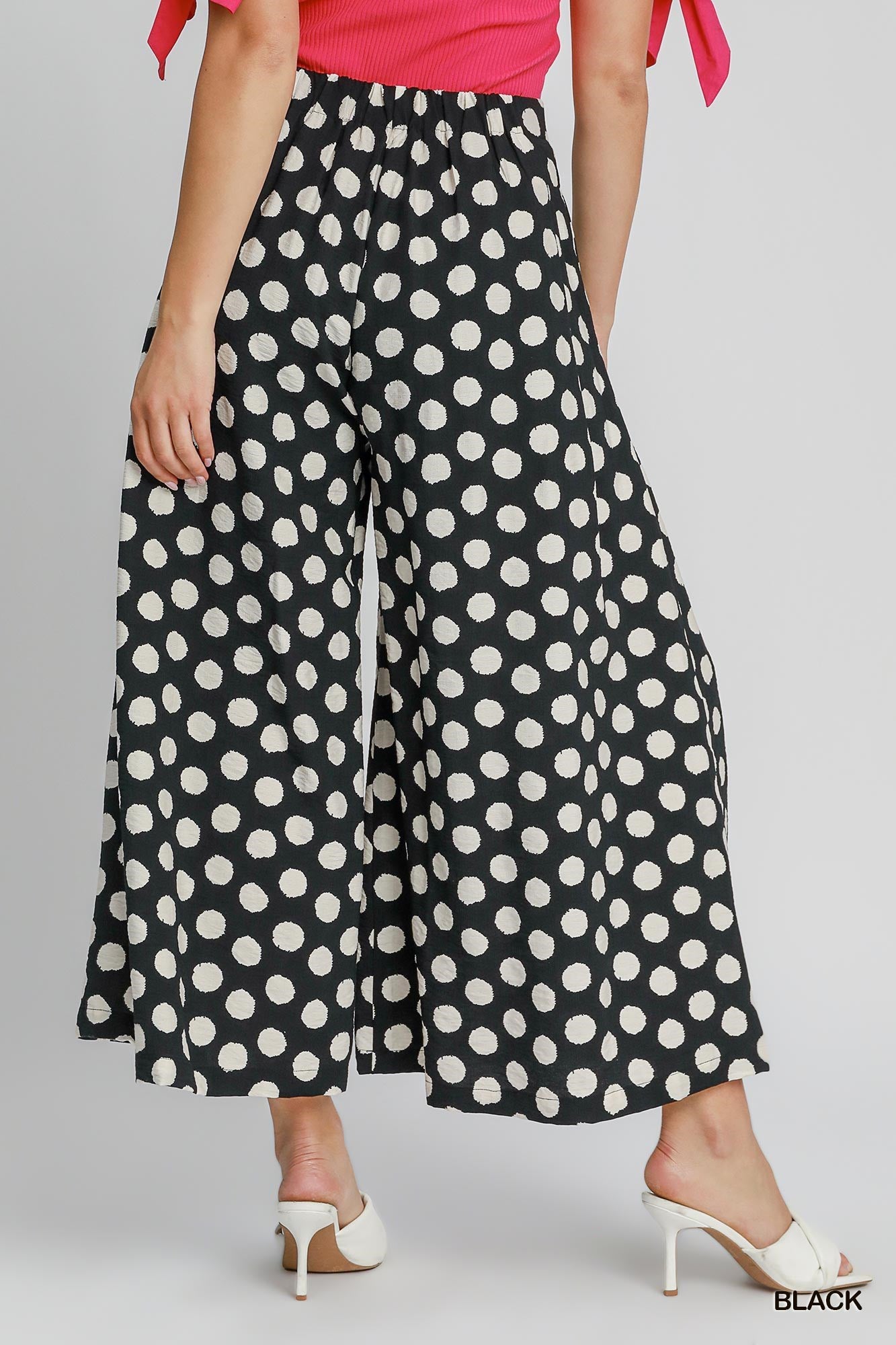 Umgee Playful Polka Dot Wide Leg Pants in Black-Bottoms-Umgee-Deja Nu Boutique, Women's Fashion Boutique in Lampasas, Texas