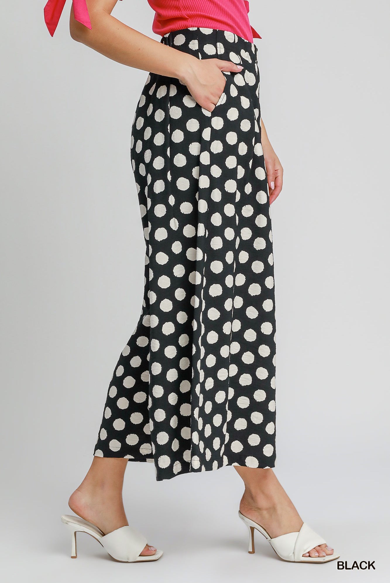 Umgee Playful Polka Dot Wide Leg Pants in Black-Bottoms-Umgee-Deja Nu Boutique, Women's Fashion Boutique in Lampasas, Texas