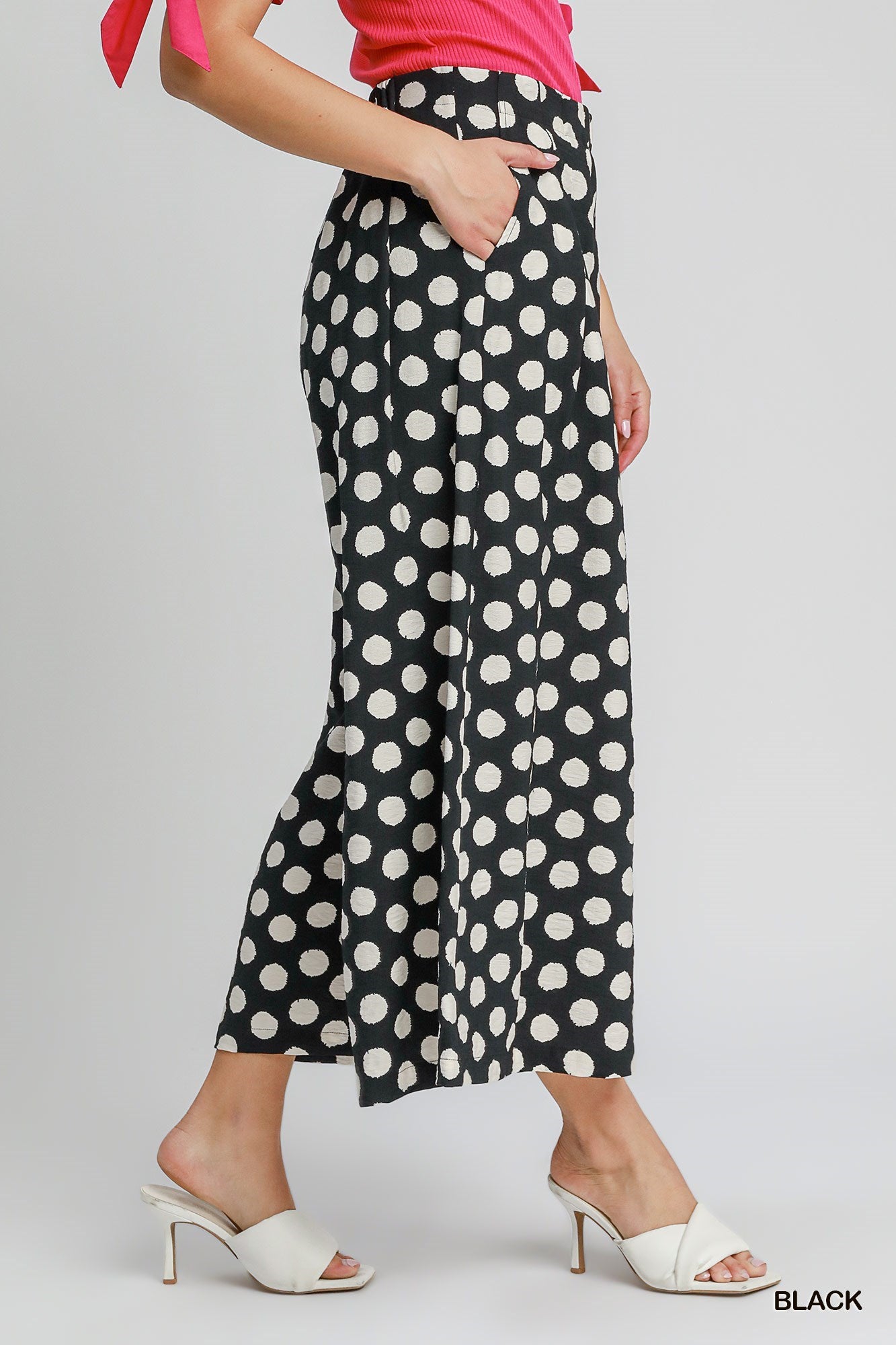 Umgee Playful Polka Dot Wide Leg Pants in Black-Bottoms-Umgee-Deja Nu Boutique, Women's Fashion Boutique in Lampasas, Texas